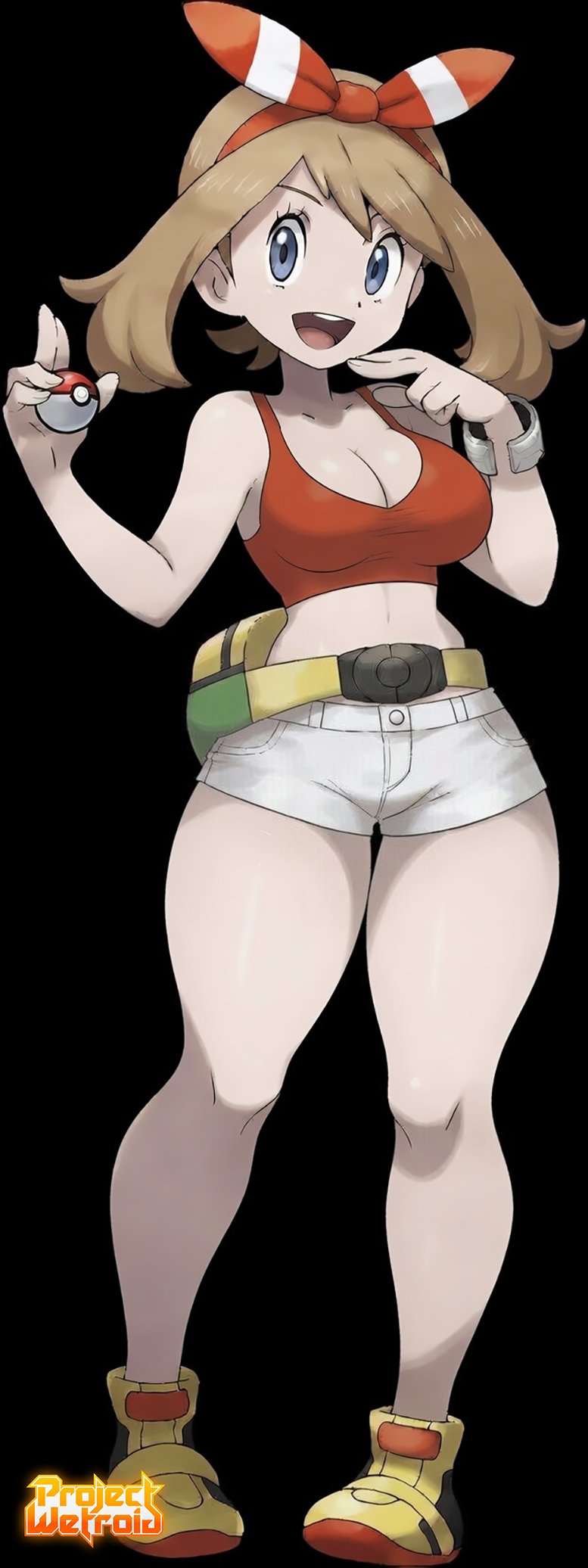 1girls, big cleavage, black background, edited official artwork, huge thighs, may (pokemon oras), may (pokemon), minishorts, official style, pokemon, pokemon oras, projectwetroid, shorts, solo, tagme, thick thighs