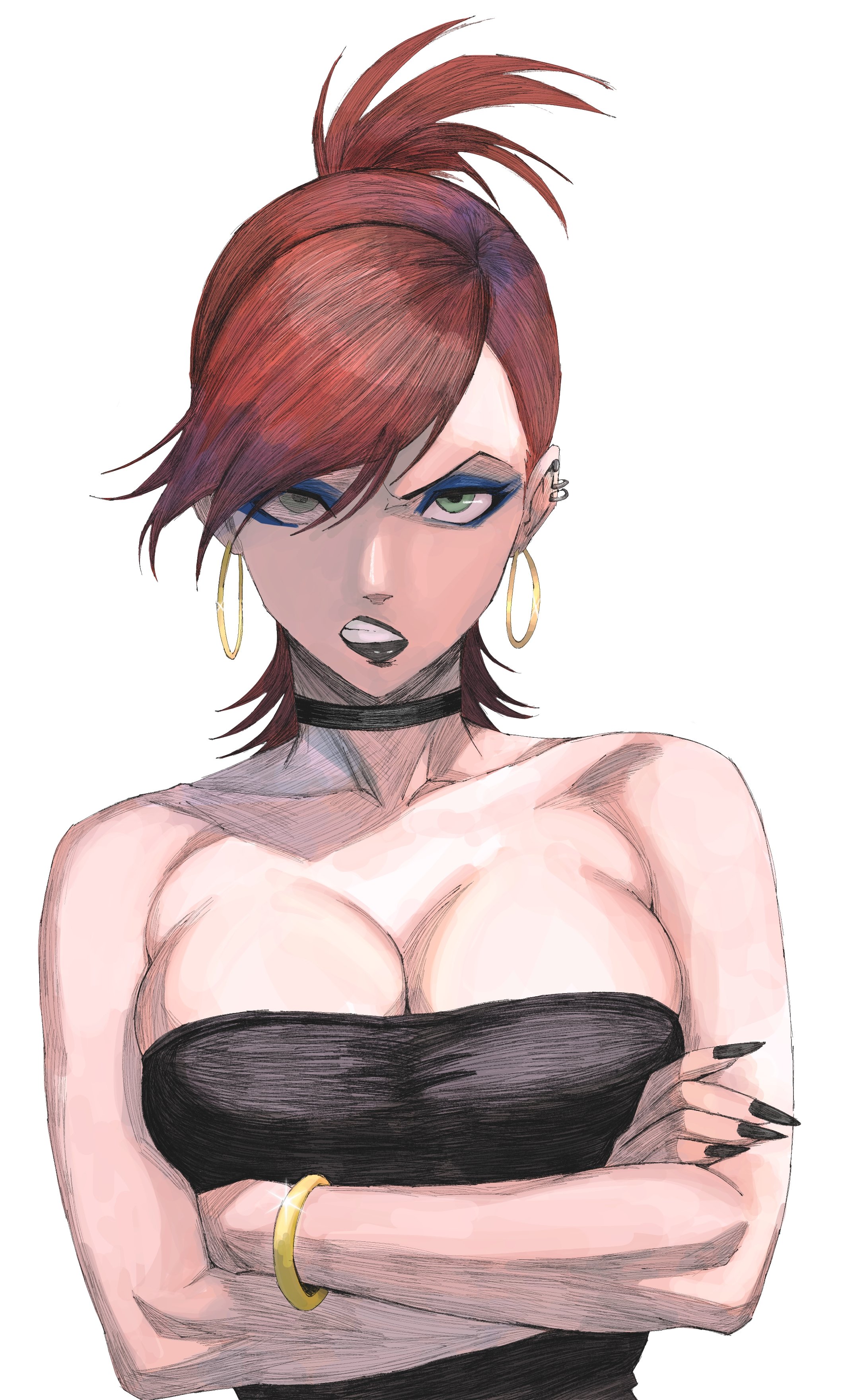 1girls, 2d, 2d (artwork), angry, angry expression, angry face, big breasts, black lipstick, blue eyes, boob window, breasts, choker, crossed arms, ear piercing, earrings, eyelashes, eyeliner, female, female only, foster's home for imaginary friends, frankie foster, hex mamaniac, huge breasts, lipstick, makeup, nail polish, pierced ears, red hair, redhead, redhead female, round breasts, simple background, solo female, tagme, wristband