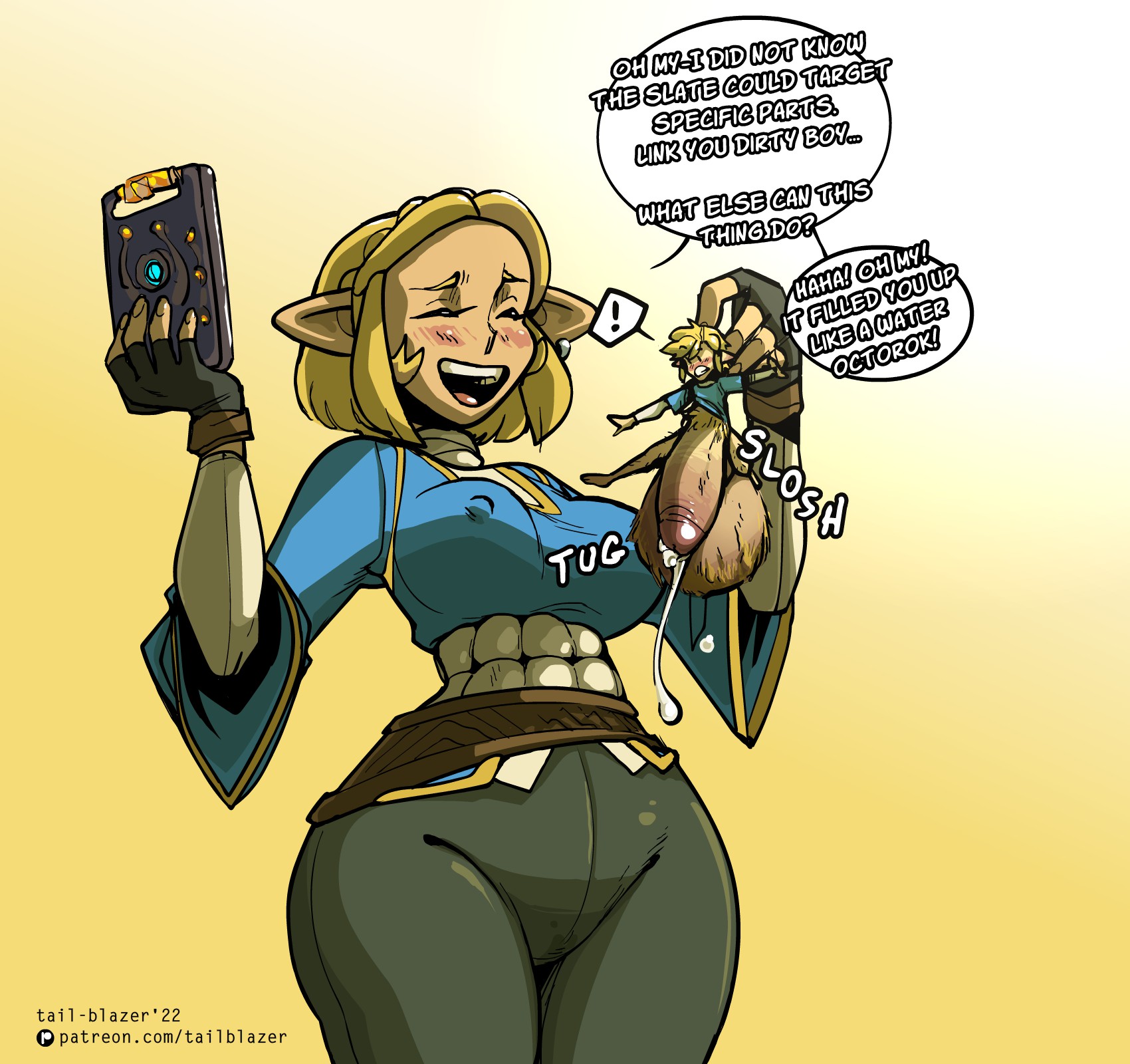 balls, bottomless, bottomless male, disproportional, foreskin, giant balls, giant penis, hairy balls, link, penis, precum, princess zelda, sheikah slate, shrinking, shrunk, shrunken male, size difference, size play, size transformation, tail-blazer, tears of the kingdom, the legend of zelda, transformation, zelda (tears of the kingdom)