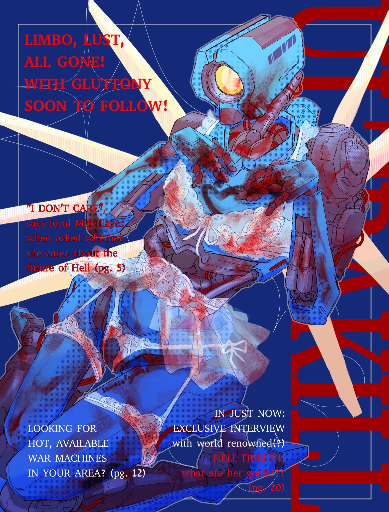 blood splatter, blood stain, lingerie, pinup, robot, text, ultrakill, v1 (ultrakill), white lingerie