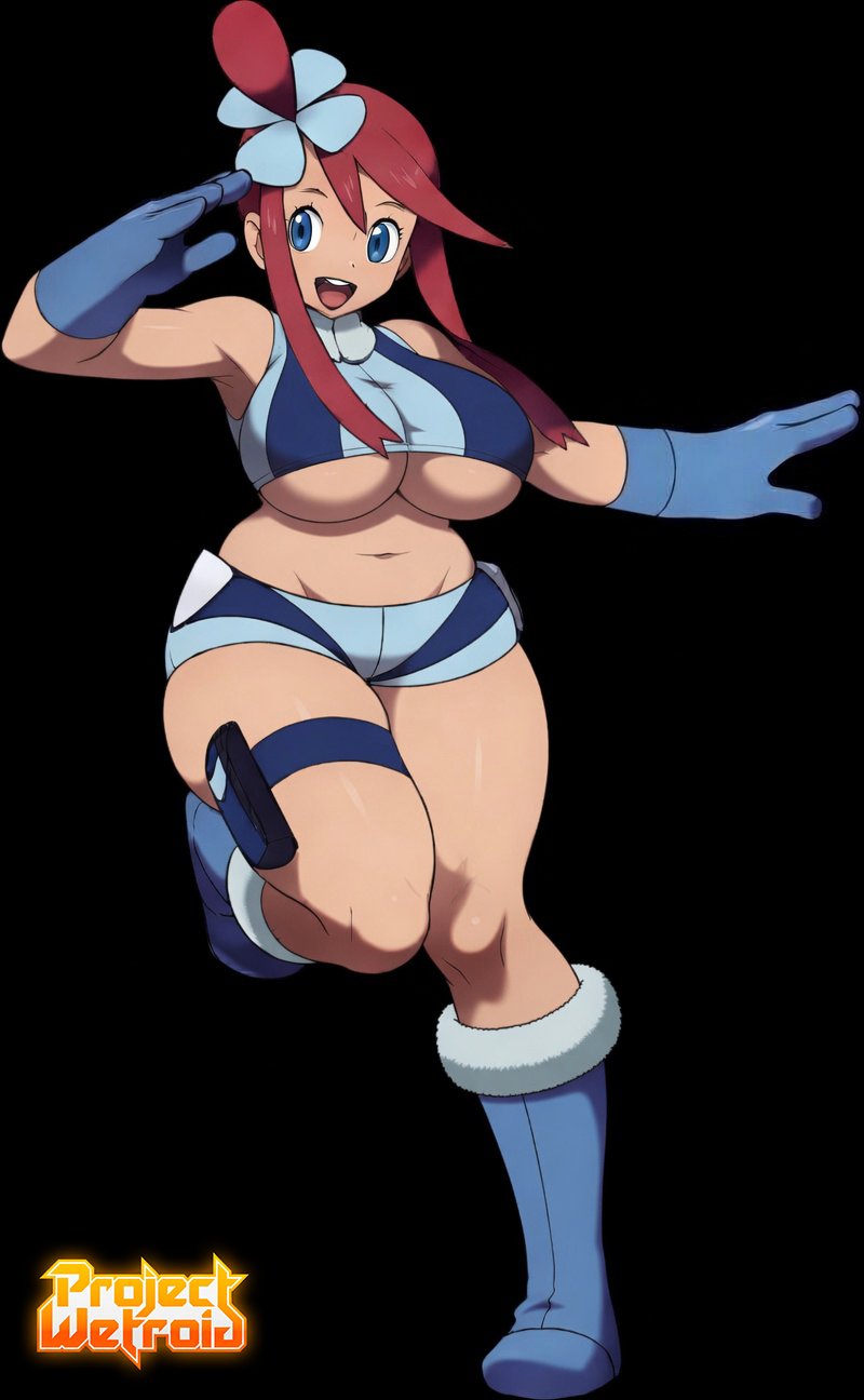 1girls, black background, chubby, chubby female, dark-skinned female, edited official artwork, fat, latina, official style, pokemon, pokemon bw, projectwetroid, skyla (pokemon), tagme, underboob