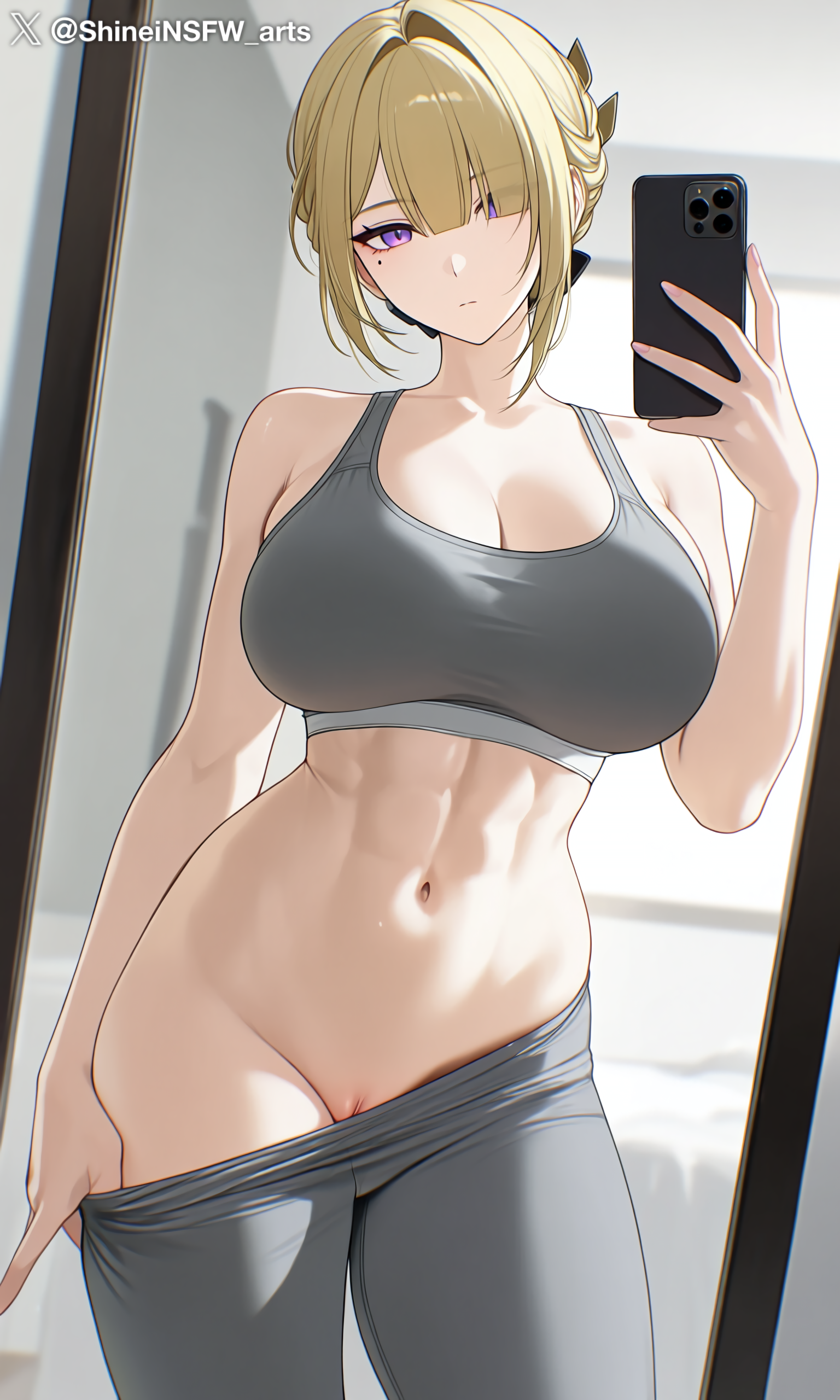 ai, ai generated, black phone, evelyn chevalier, gray skin, mirror selfie, phone, purple eyes, pussy, shineinsfw, stripping, yellow hair, zenless zone zero