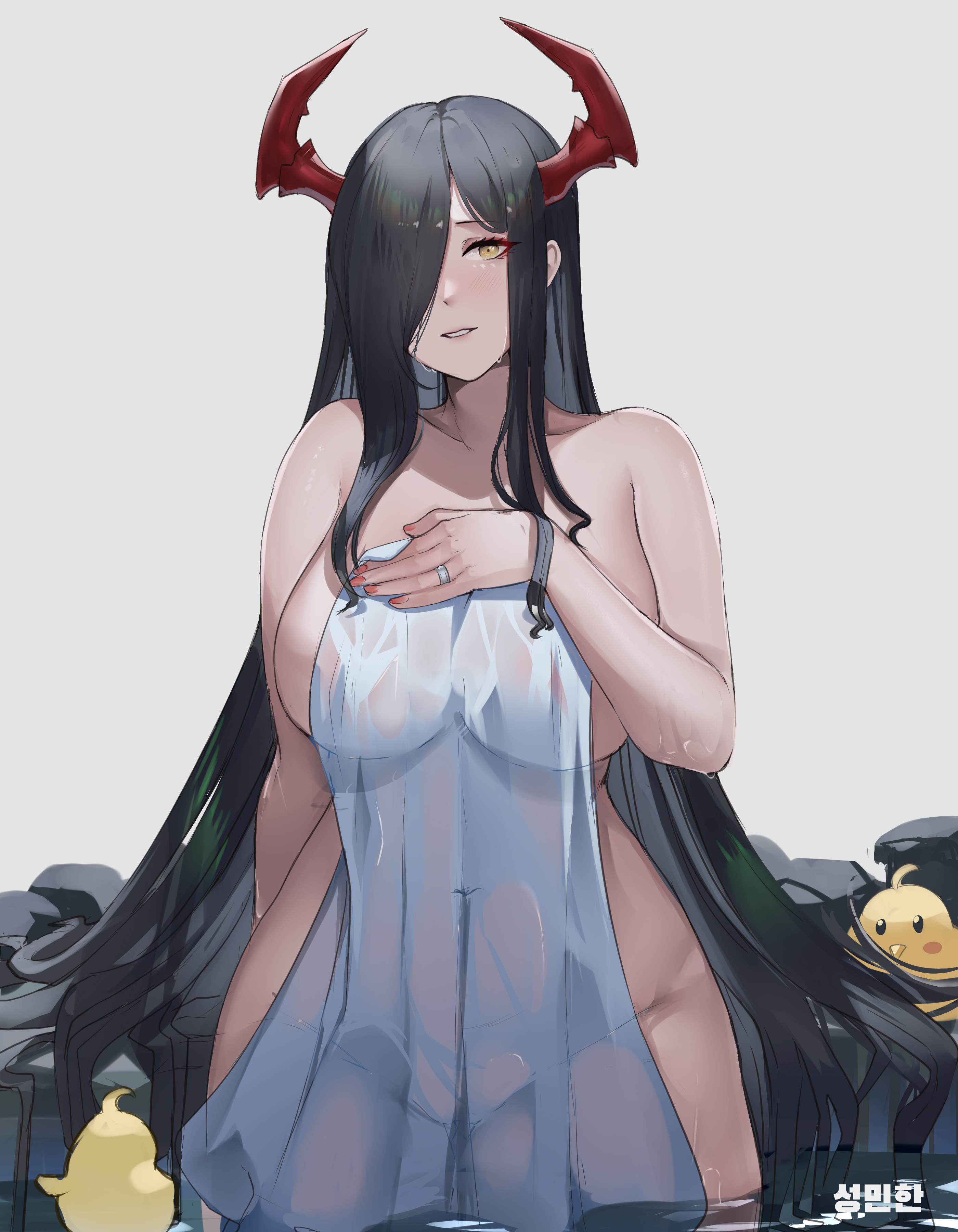 1girls, 2animals, absurdres, azur lane, black hair, blush, breasts, collarbone, covered navel, covering, female, friedrich der grosse (azur lane), grey background, hair over one eye, highres, horns, iron blood (azur lane), jewelry, large breasts, light skin, light-skinned female, long hair, looking at viewer, manjuu (azur lane), milephunter, naked towel, nude cover, one eye covered, onsen, parted lips, ring
