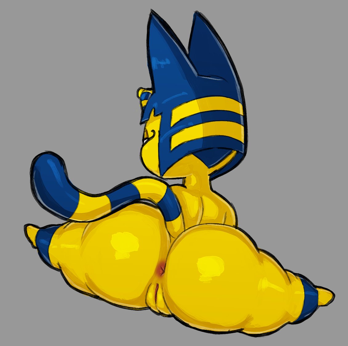 1girls, animal crossing, ankha, anthro, ass, big ass, big butt, blue hair, cat ears, cat tail, female, female only, grey background, guillion (toshkarts), nintendo, plump, pussy, short hair, shortstack, smaller female, solo, spread legs, tail, thick thighs, yellow body