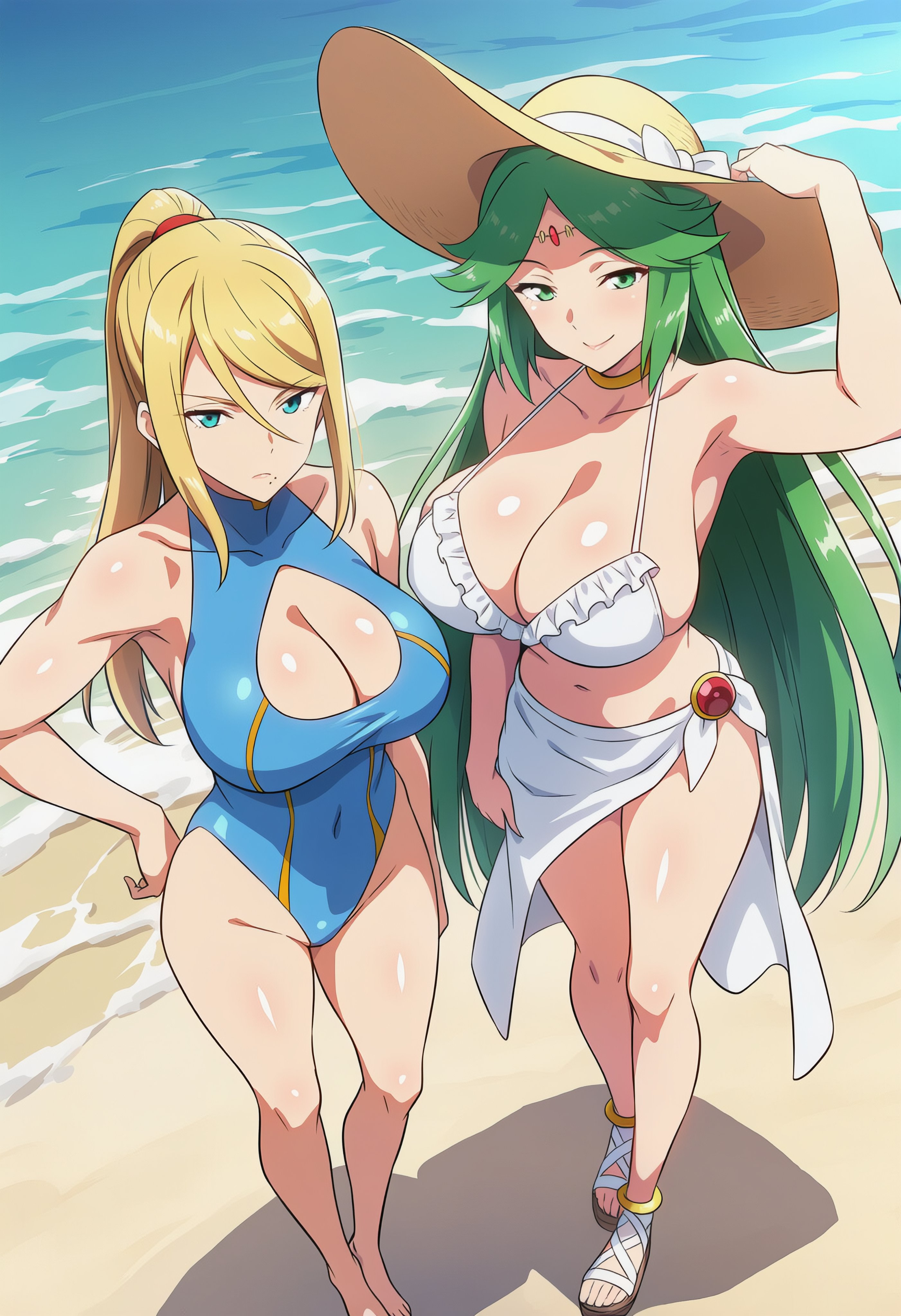 2girls, ai generated, arm at side, arm up, armpits, bare legs, bare shoulders, barefoot, beach, bikini, blonde hair, blue eyes, blue one-piece swimsuit, blush, boobs, breasts, casual one-piece swimsuit, choker, circlet, cleavage, cleavage cutout, closed mouth, clothing, clothing cutout, collarbone, covered navel, day, feet, female, forehead jewel, frilled bikini, frills, from above, frown, full body, green eyes, green hair, hair between eyes, halterneck, hand on headwear, hand on own hip, hat, hat ribbon, headwear, high ponytail, highleg, highleg swimsuit, jewelry, large breasts, legs, long hair, looking at viewer, mole, mole under mouth, multiple girls, navel, neck ring, ocean, one-piece swimsuit, outdoors, palutena, parted bangs, ponytail, ribbon, samus aran, sand, sandals, sarong, shiny skin, sidelocks, smashai, smile, standing, stomach, sun hat, super smash bros., swept bangs, swimsuit, thighs, toes, very long hair, water, white bikini, white sarong, zero suit