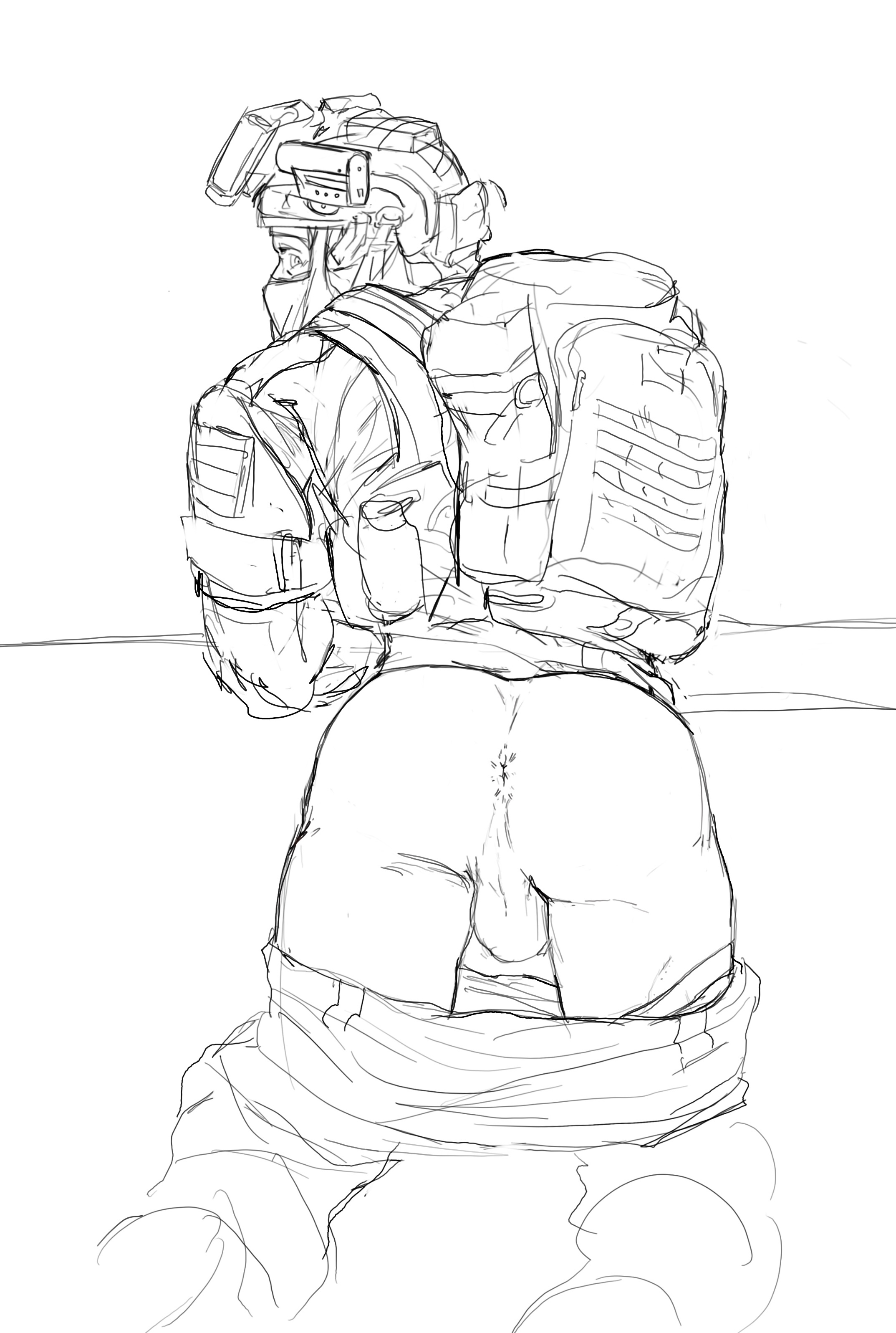 ass focus, asshole, ballsack, call of duty, call of duty modern warfare 2 (2022), doodle, fully clothed, gay, gay male, konig, military, military uniform, pants down, soldier, solo, solo focus, tactical gear, uniform