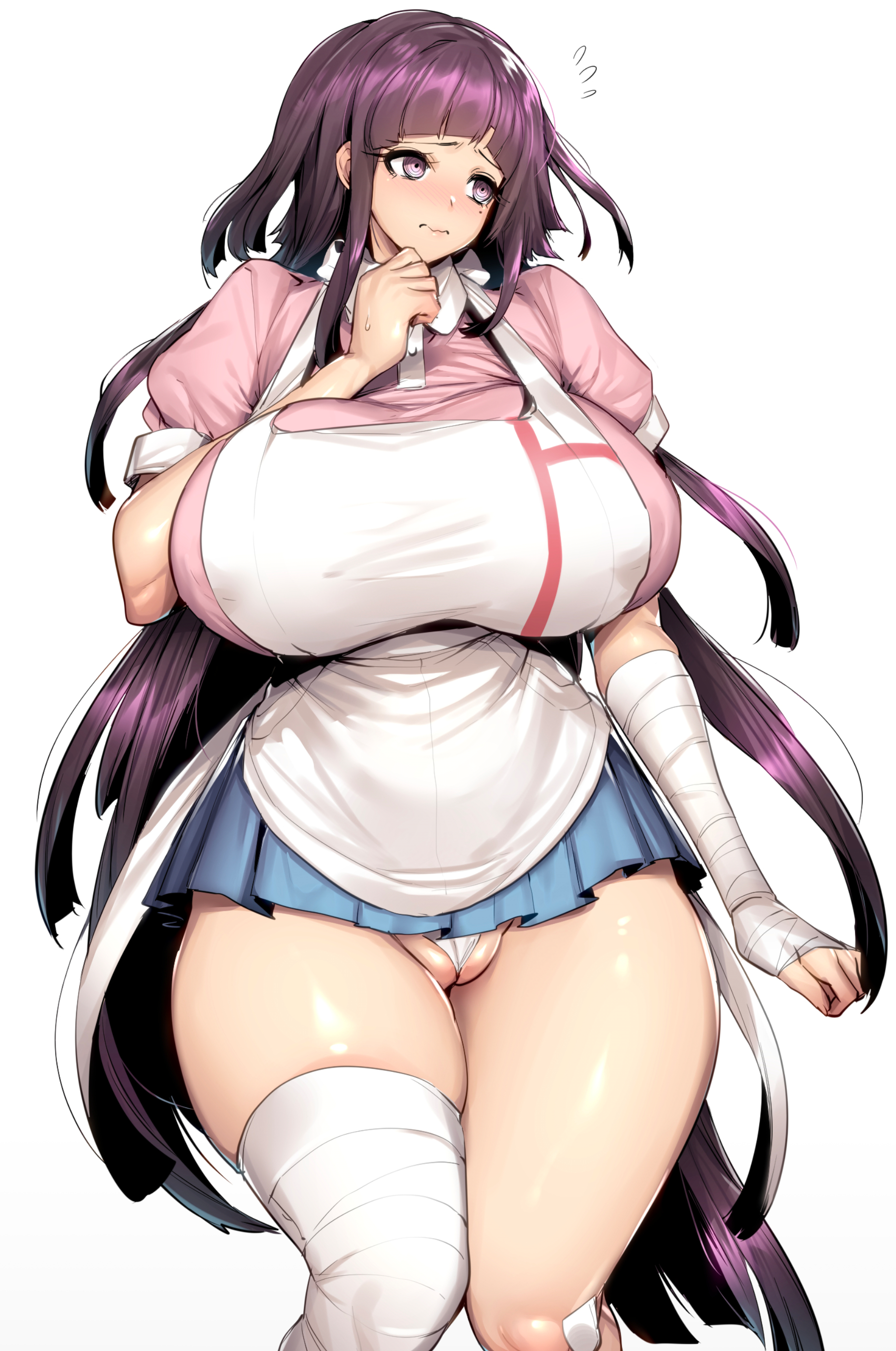 1girls, apron, bandaged arm, bandaged leg, between labia, big breasts, breasts, danganronpa, danganronpa 2: goodbye despair, exposed, exposed pussy, female, female only, fringe, innie pussy, larger female, long hair, magenta eyes, magenta hair, miniskirt, panties, plump, pussy, shy, skindentation, skirt, smooth skin, solo, tagme, thick thighs, thirty 8ght, tsumiki mikan
