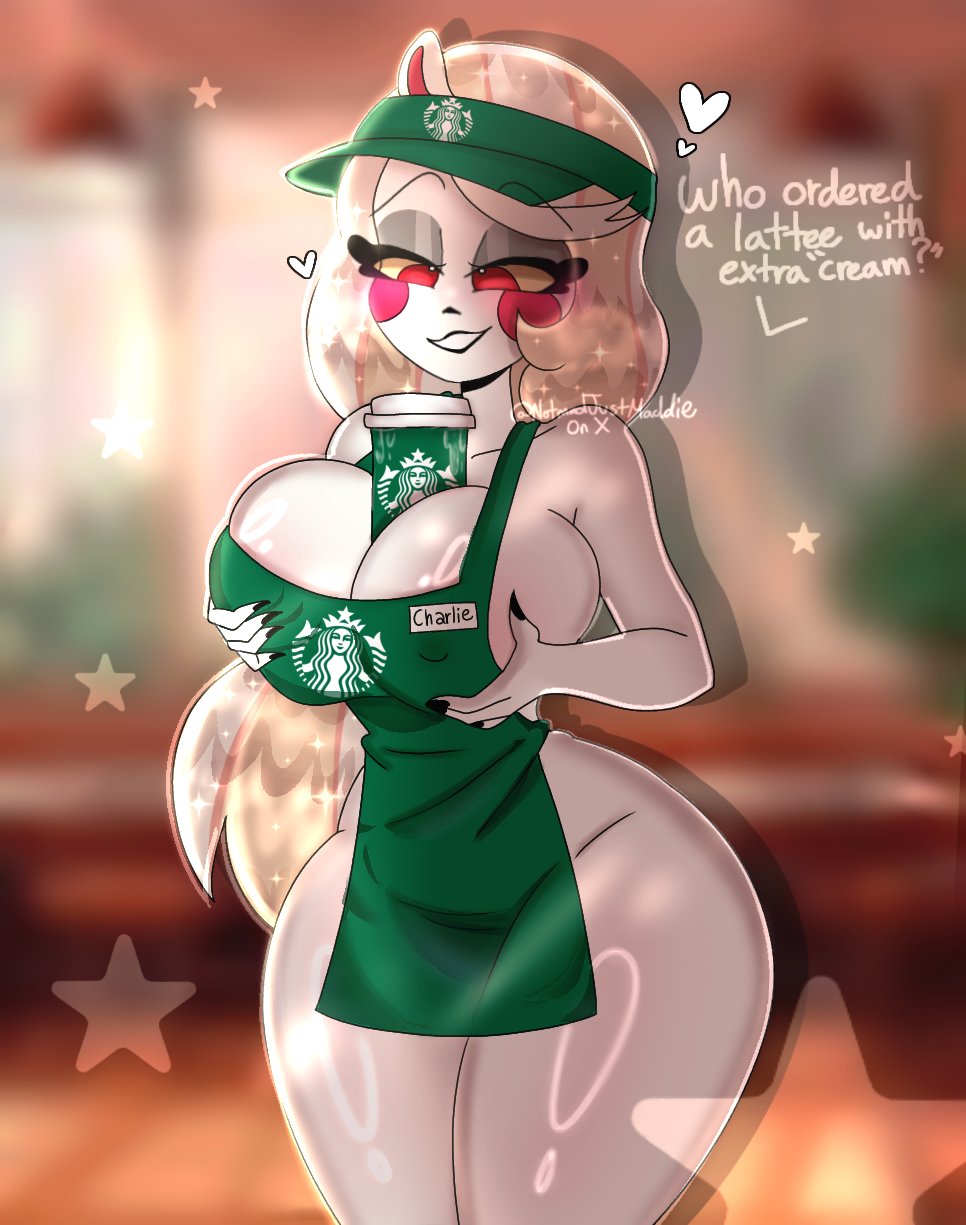 apron only, charlie morningstar (hazbin hotel), drink on breasts, extra thicc, hazbin hotel, m1ddi3kira (artist), starbucks, starbucks barista, thicc, thicc thighs, thick thighs