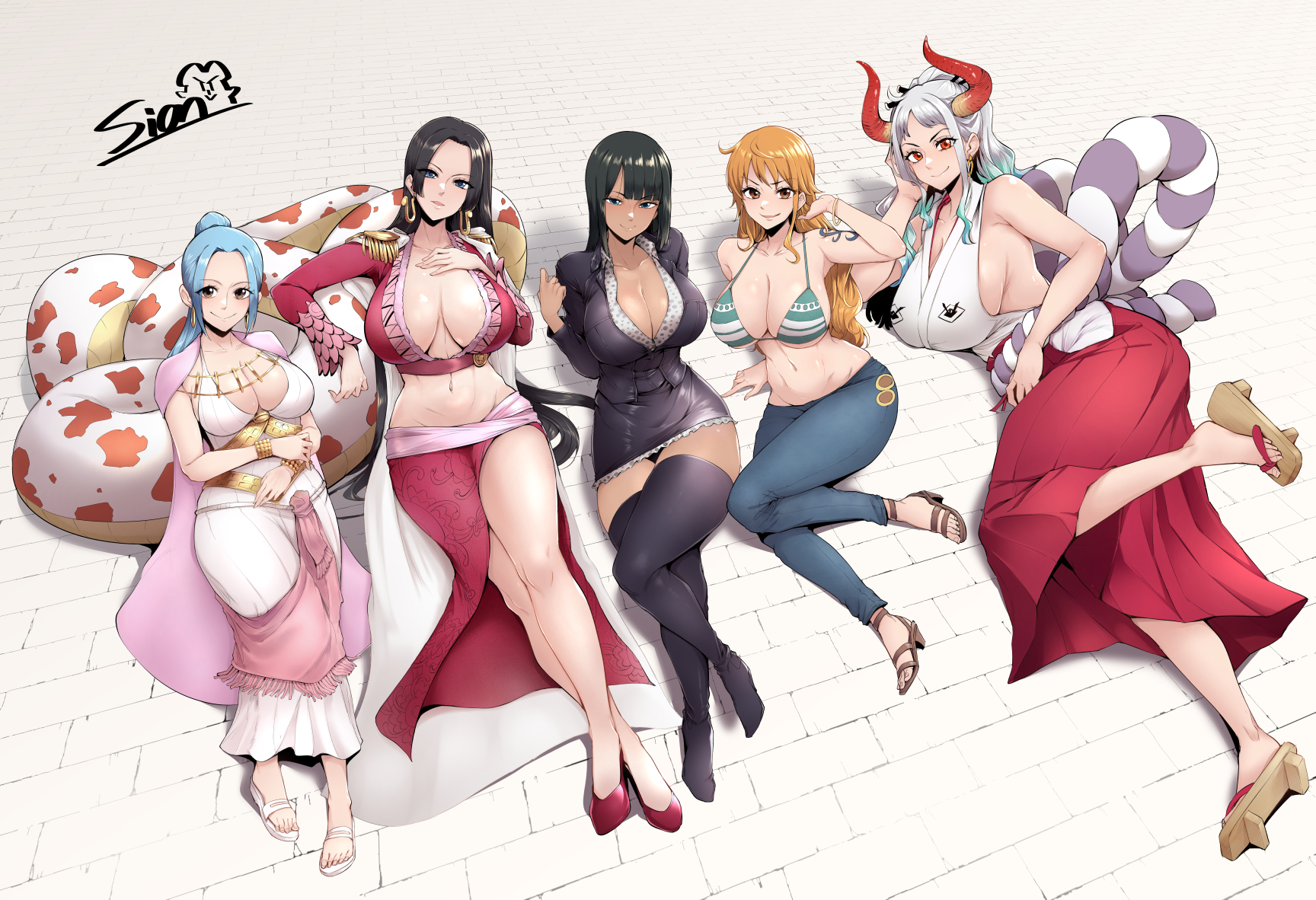5girls, arm tattoo, bikini, bikini top, black hair, black-haired female, blue hair, blue tattoo, blue-haired female, boa hancock, breasts, cleavage, dress, earrings, female, female only, hakama, horns, huge breasts, jeans, large breasts, long hair, nami (one piece), navel, nefertari vivi, nico robin, on floor, one piece, oni, oni horns, orange hair, orange-haired female, post-timeskip, pre-timeskip, sian, sideboob, skirt, smile, snake, striped bikini, take your pick, tattoo, time paradox, white hair, white-haired female, yamato (one piece)