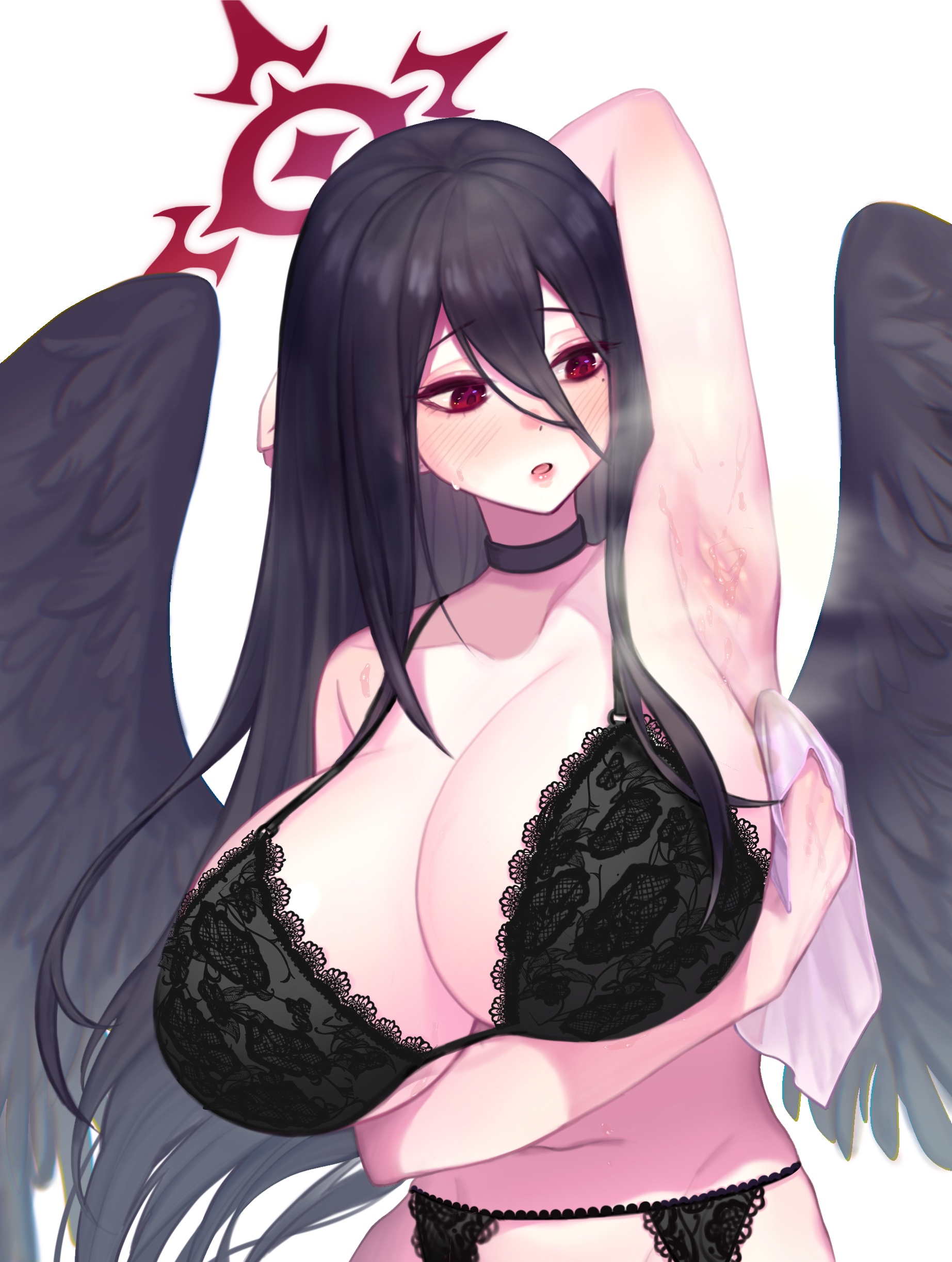 absurdres, armpits, black bra, black hair, black wings, blue archive, bra, breasts, choker, cleavage, female, garter belt, garter straps, hair between eyes, halo, hasumi (blue archive), highres, large breasts, lee jin byeol, long hair, mole, mole under eye, open mouth, red eyes, solo, sweat, underwear, wings, wiping sweat