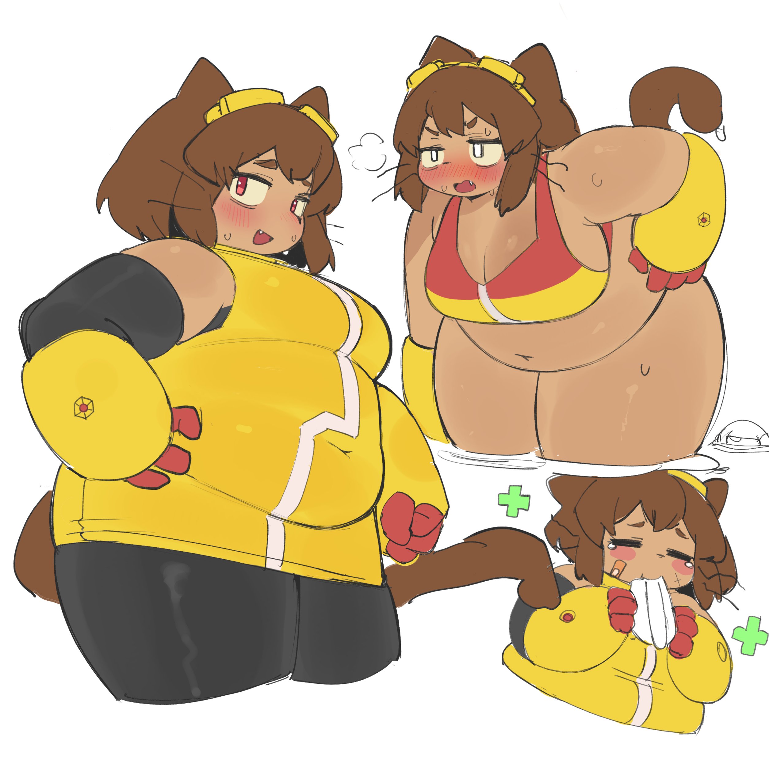 1girls, 2026, b45ui, bbw, big ass, big breasts, bikini, blush, brown hair, cat ears, cat tail, chubby, chubby female, cleavage, eating, fang, fat, gameoverse, glitch productions, gloves, hot dog, huge belly, huge breasts, kit (gameoverse), kit bodega, plump, pork chop, red eyes, short hair, smile, solo, sweat, swimsuit, tagme, tan skin, thick thighs, tight clothing, white background