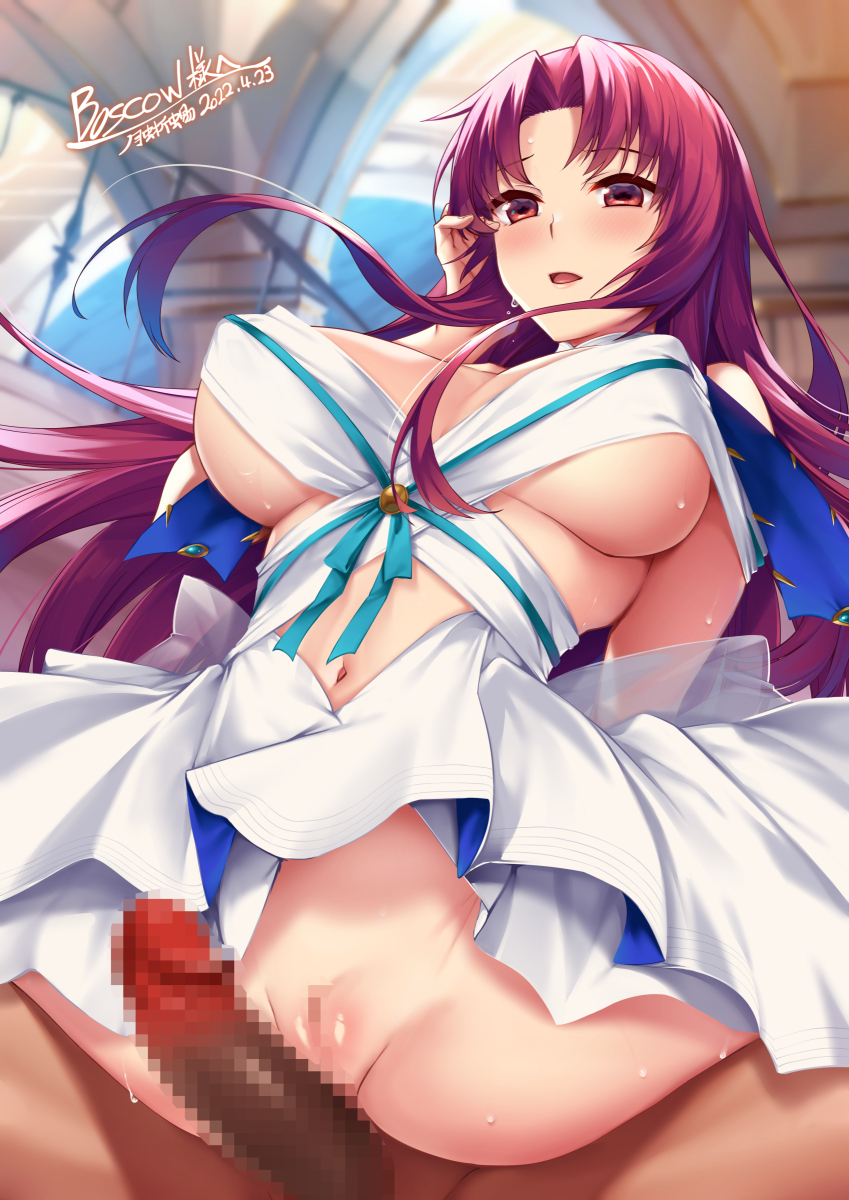 1boy arm_behind_back bangs bare_shoulders bazett_fraga_mcremitz blurry blurry_background blush breasts cleavage clothed_female_nude_male clothing_cutout commentary_request commission covered_nipples cowboy_shot cowgirl_position dated dress erection eyebrows_visible_through_hair fate/grand_order fate_(series) female fujimaru_ritsuka_(male) hand_up highres large_breasts long_hair looking_at_viewer manannan_mac_lir_(fate) navel navel_cutout no_mole nude open_mouth paid_reward_available parted_bangs pelvic_curtain penis pussy red_eyes red_hair sidelocks sitting skeb_commission solo_focus spread_legs straight sweat tsuki_tokage underboob white_dress