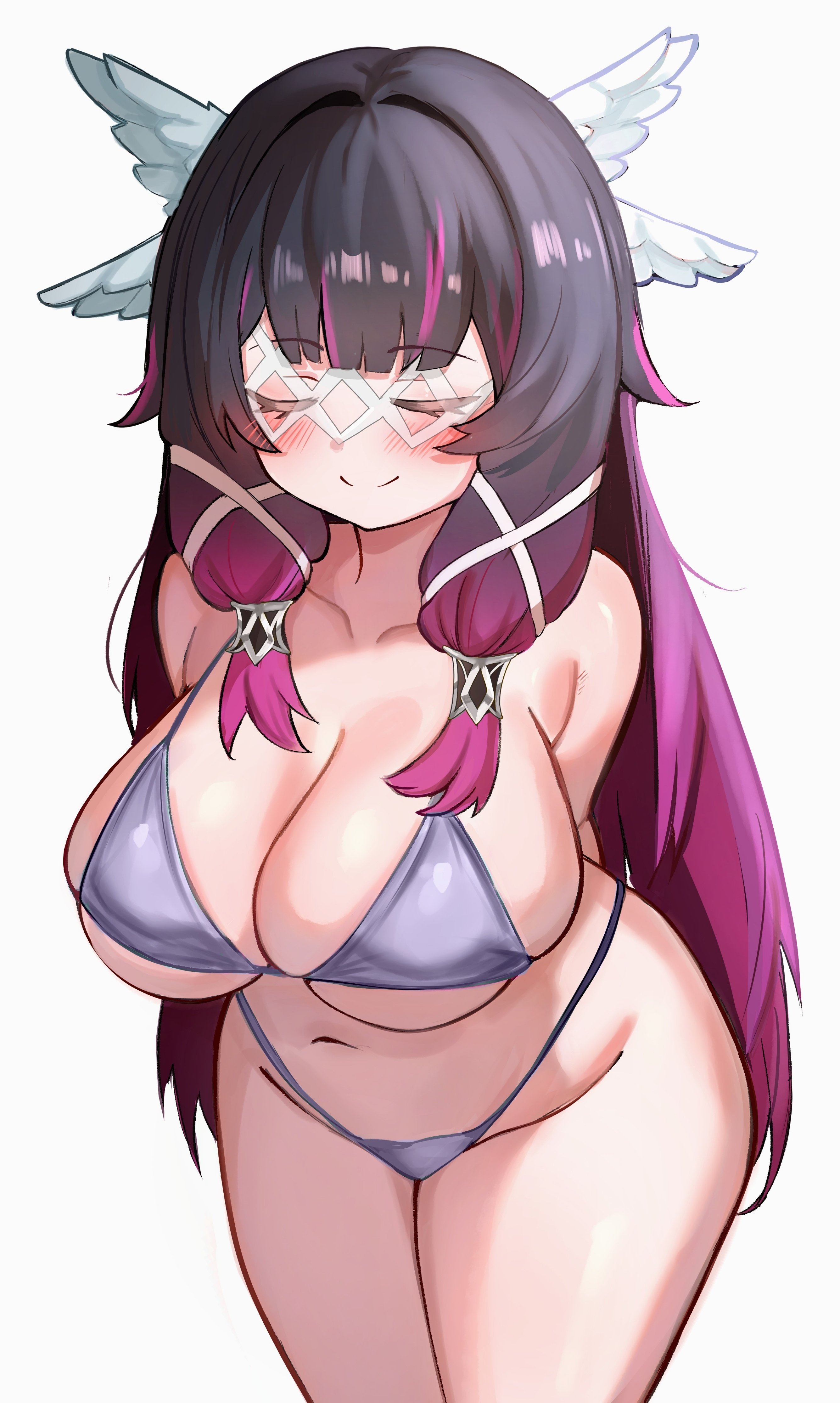 arms behind back, bikini, blush, closed eyes, closed mouth, collarbone, columbina (genshin impact), genshin impact, happy, huge breasts, pingun, purple bikini, skindentation, smile, thick thighs, wide hips