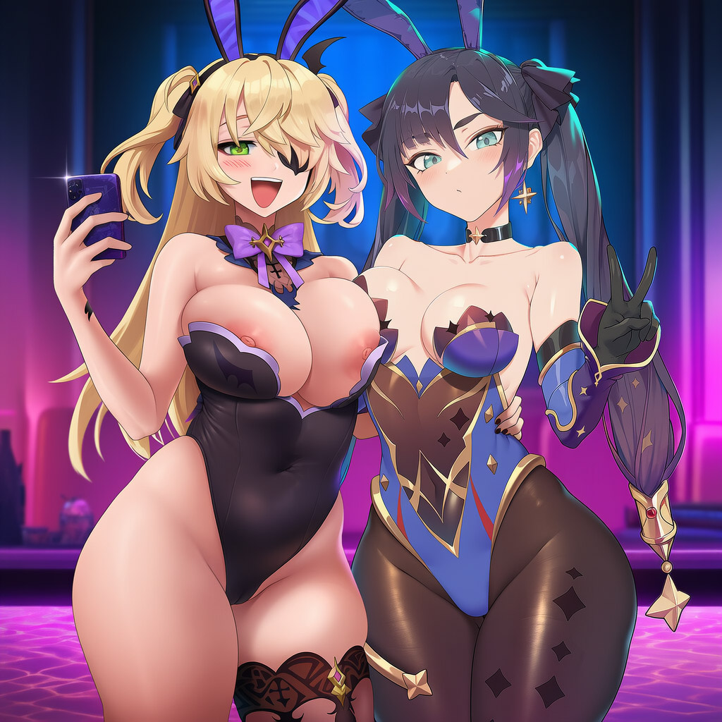 1girls, 2girls, ai generated, big breasts, breasts, curvy, female, female only, fischl (genshin impact), fourina, genshin impact, huge breasts, mona (genshin impact), nightclub, playboy bunny, selfie, tight clothing