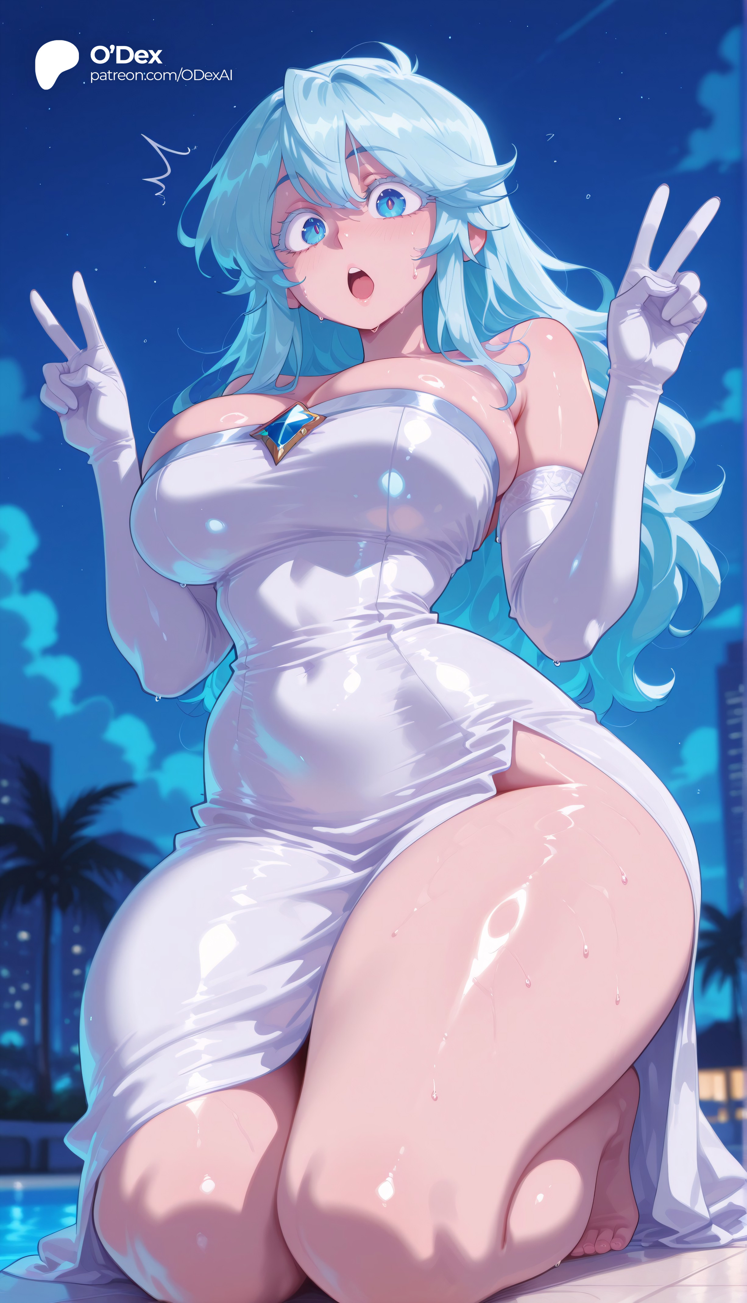 :o, 1girl, 1girls, absurd res, absurdres, ai generated, aqua hair, ass, bare shoulders, barefoot, big ass, big breasts, blue eyes, blue hair, blurred background, blurry background, blush, breasts, cartoon, cartoony, cleavage, cloud, covered navel, curvy, depth of field, double v, dress, elbow gloves, elfaria albis serfort, female, female focus, full body, gem, gloves, hair between eyes, hands up, hi res, high quality, high resolution, highres, kneeling, large ass, large breasts, long hair, looking at viewer, night, night sky, odexai, open mouth, outdoors, palm tree, patreon, shiny skin, side slit, skindentation, sky, small waist, solo, solo focus, star (sky), straight, strapless, strapless dress, surprised, sweat, taut clothes, taut dress, thick thighs, thighs, thin waist, tight dress, toes, tree, tsue to tsurugi no wistoria, upper teeth only, v, wet, white dress, white gloves, wide hips, window