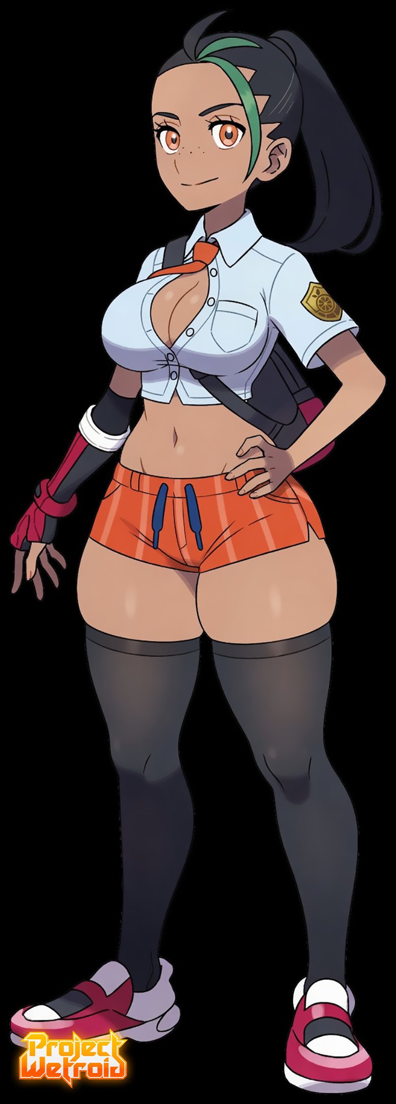 1girls, black background, cleavage, cleavage cutout, dark-skinned female, green hair, nemona (pokemon), official style, partially unbuttoned, pokemon, pokemon sv, projectwetroid, school uniform, schoolgirl, tagme