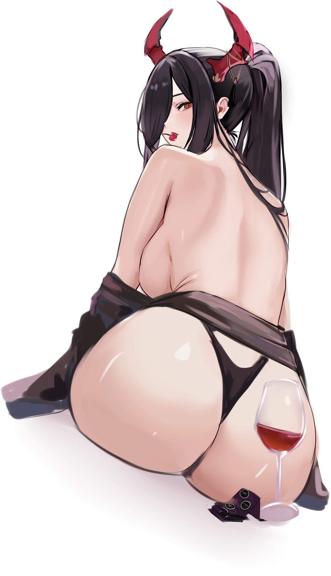1girl, ass, azur lane, backboob, black hair, breasts, cherry, chiyu1182, commentary, condom, condom packet strip, condom wrapper, cup, drinking glass, dutch angle, eating, food, friedrich der grosse (azur lane), from behind, fruit, hair over one eye, high ponytail, highres, horns, large breasts, looking at viewer, mechanical horns, orange eyes, ponytail, red horns, simple background, sitting, solo, thong, white background, wine glass