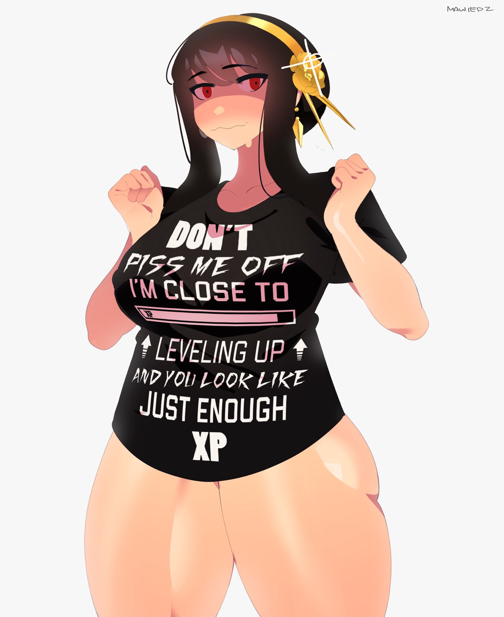 1girls, assassin, big breasts, black hair, breasts, female, female focus, female human, female only, human, mature female, mawiedz, red eyes, shiny skin, solo, spy x family, standing, thick thighs, thighs, thorn princess, white background, yor briar, yor forger