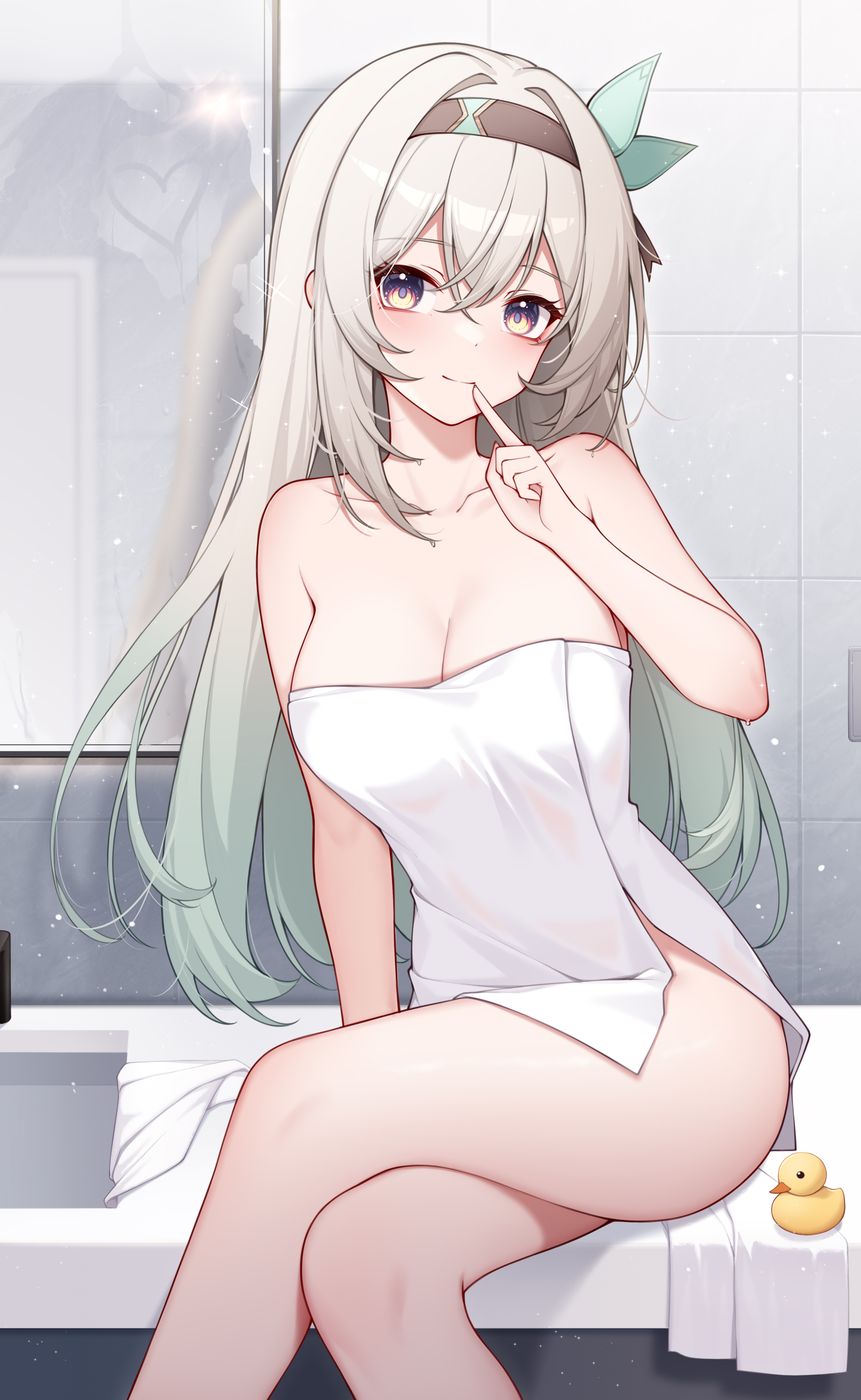 1girls, bare shoulders, bathroom, bottomless, breasts, female, female focus, female only, firefly (honkai: star rail), green hair, grey hair, honkai: star rail, long hair, looking at viewer, medium breasts, multicolored eyes, multicolored hair, origami0703, sink, sitting, smile, thighs, towel, towel only