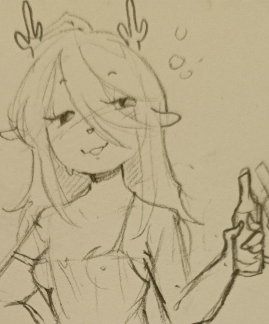 blush, boobs, deer, deltarune, drunk, fur, looking at viewer, luci star, nipples visible through clothing, noelle holiday, sketch, smile, solo