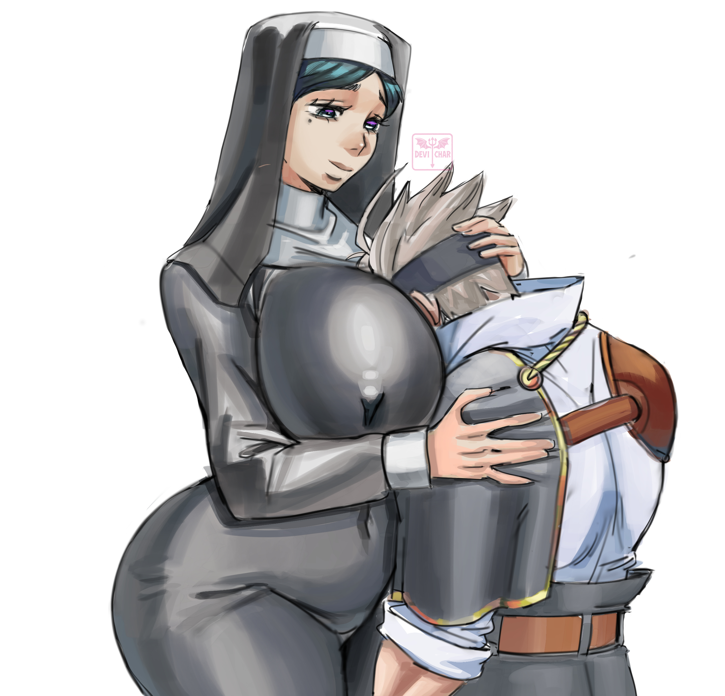 1boy, 1girls, asta (black clover), black clover, comforting, female, hug, light skin, light-skinned female, lily aquaria, nun, nun outfit, nun's habit, scharlottelambo, wholesome