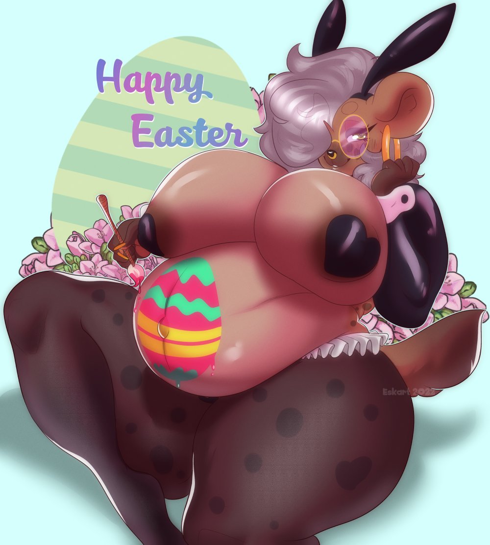 areola_slip big_breasts breasts bunny_ears easter easter_egg ezukapizumu female furry happy_easter heart_pasties huge_breasts huge_thighs looking_at_viewer nipple_pasties pantyhose pasties pregnant reverse_bunnysuit silver_(ezukapizumu) tagme