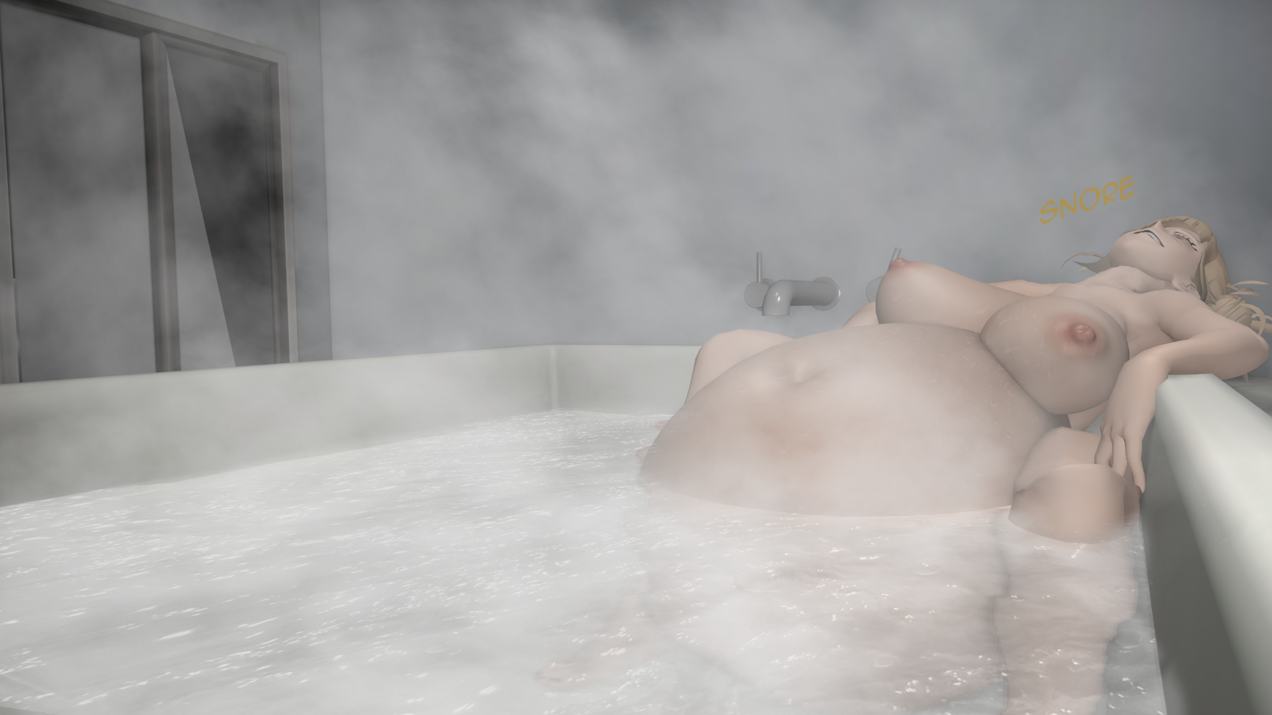 aledeko, asleep, bath, bathroom, belly overhang, belly shrinking, big belly, breasts, breasts out, digested, female, head back, himiko toga, large breasts, legs spread, light skin, light-skinned female, massive belly, my hero academia, relaxing, resting, schoolgirl, sleeping, snoring, vore