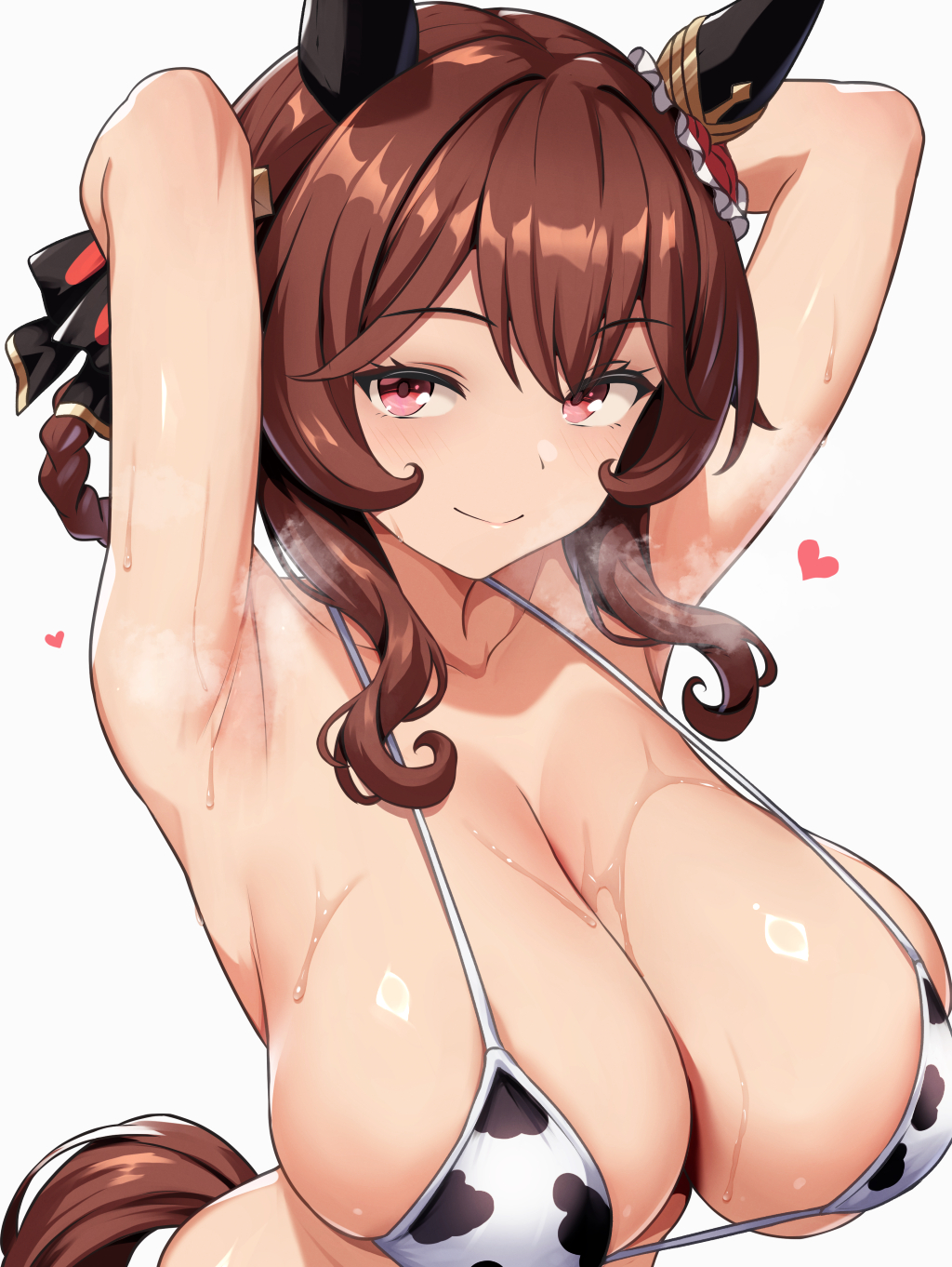armpits, arms behind head, asanagi shion, bikini, breasts, brown hair, cow print bikini, gentildonna (umamusume), horse ears, horse girl, horse tail, looking at viewer, red eyes, sweat, sweaty armpits, umamusume