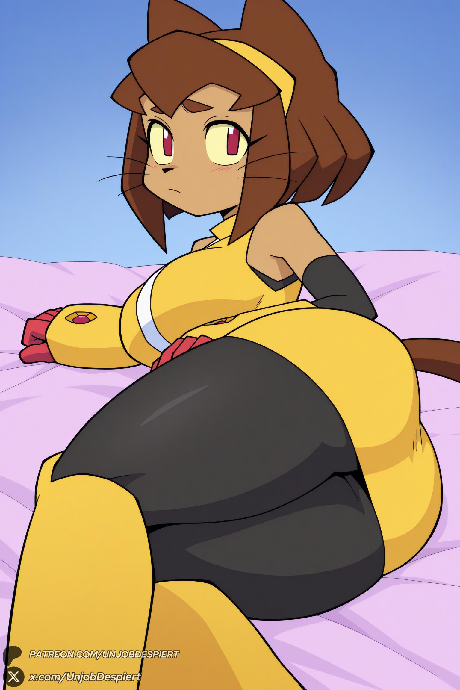 1female, 1girl, 1girls, 2026, ai generated, animal ears, artist name, ass, bare shoulders, big ass, big breasts, black pantyhose, blush, boots, breasts, brown hair, cat ears, cat girl, cat tail, closed mouth, curvy, dark skin, dark-skinned female, dress, elbow gloves, female, female only, furry, furry female, gameoverse, gloves, hairband, hi res, high quality, high resolution, highres, huge ass, huge breasts, kit (gameoverse), large breasts, looking at viewer, lying, on side, pantyhose, patreon, patreon username, red eyes, red gloves, short dress, short hair, sleeveless, sleeveless dress, solo, tail, thighs, unjobdespiert, watermark, web address, yellow dress