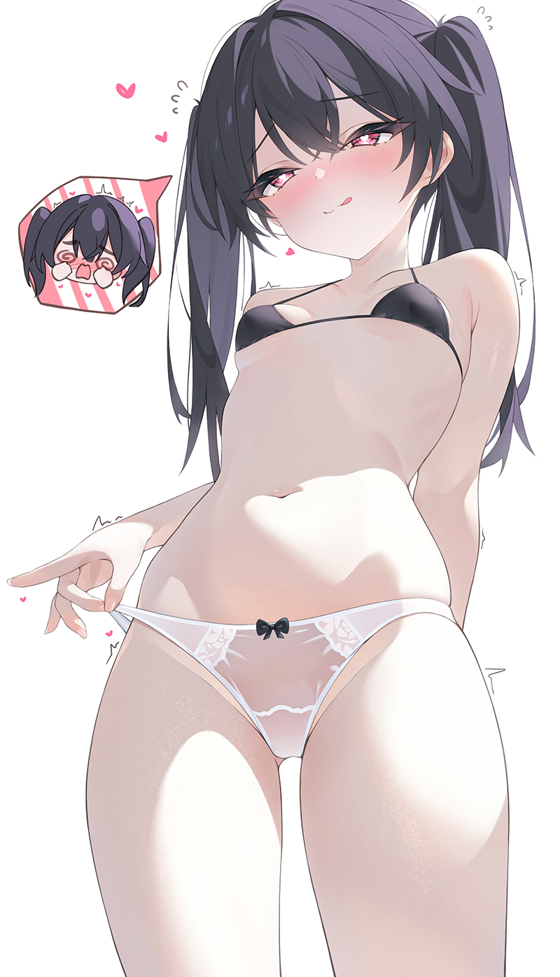1girls, bare shoulders, belly button, black hair, blush, bra, breasts, female, female focus, female only, heart symbol, heart-shaped pupils, infinity (kkx132), light skin, light skinned female, long hair, looking at viewer, original, panties, pink eyes, small breasts, smile, solo, standing, stomach, thighs, tongue out, trembling, twintails, underwear, white background