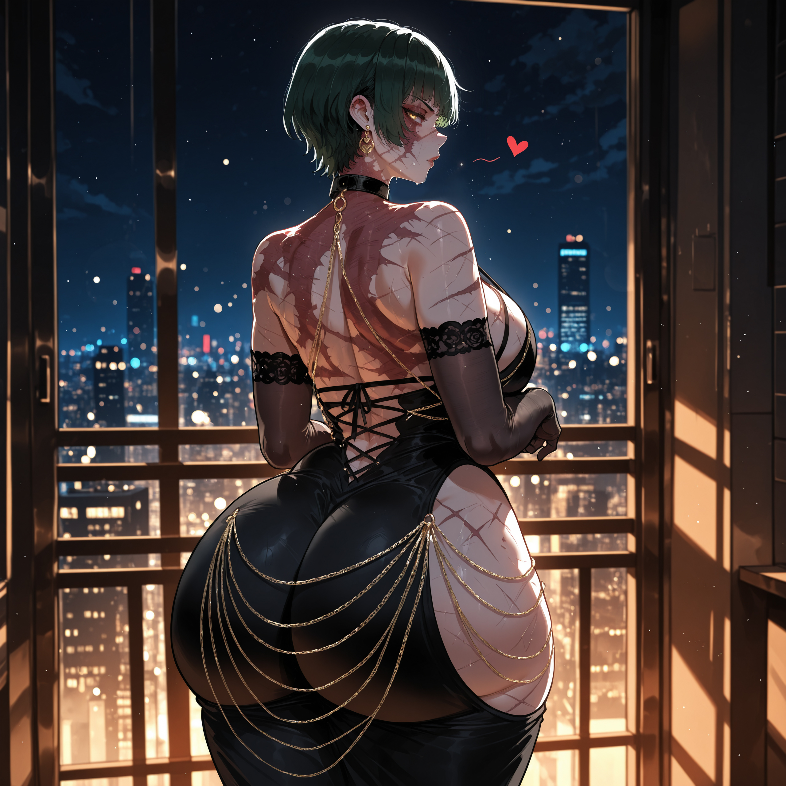 1girl, ai assisted, ai generated, ass, back, backless dress, backless outfit, bare shoulders, black dress, black hair, breasts, building, city, city lights, cityscape, curvaceous, curvy, curvy female, curvy figure, dress, earrings, elbow gloves, female, from behind, glasses, gloves, heart, jewelry, jujutsu kaisen, looking at viewer, looking back, miyuai, night, railing, short hair, sky, solo, star (sky), starry sky, tattoo, thick, thick ass, thick butt, thick hips, thick legs, thick thighs, voluptuous, voluptuous female, wide hips, wide thighs, yellow eyes, zenin maki