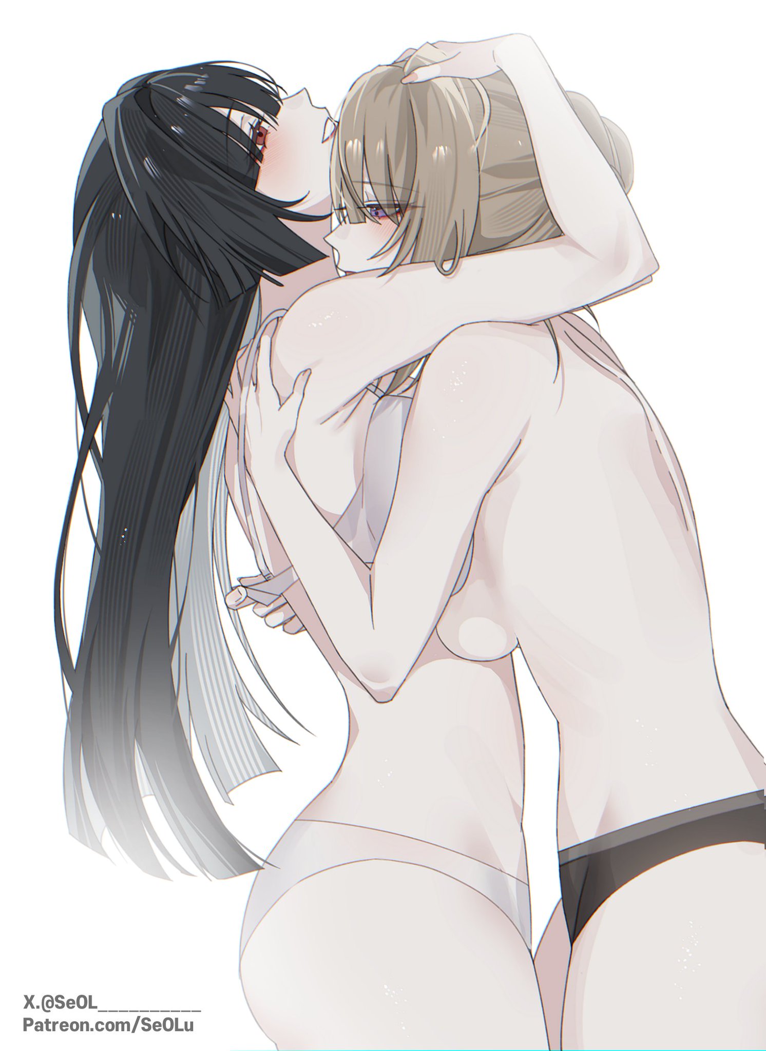 2girls, astra yao, baconontheclock, black hair, black panties, blonde hair, blush, breasts, breasts to breasts, evelyn chevalier, female/female, holding head, sensual, seol (baconontheclock), taking clothes off, white bra, white panties, yuri, zenless zone zero