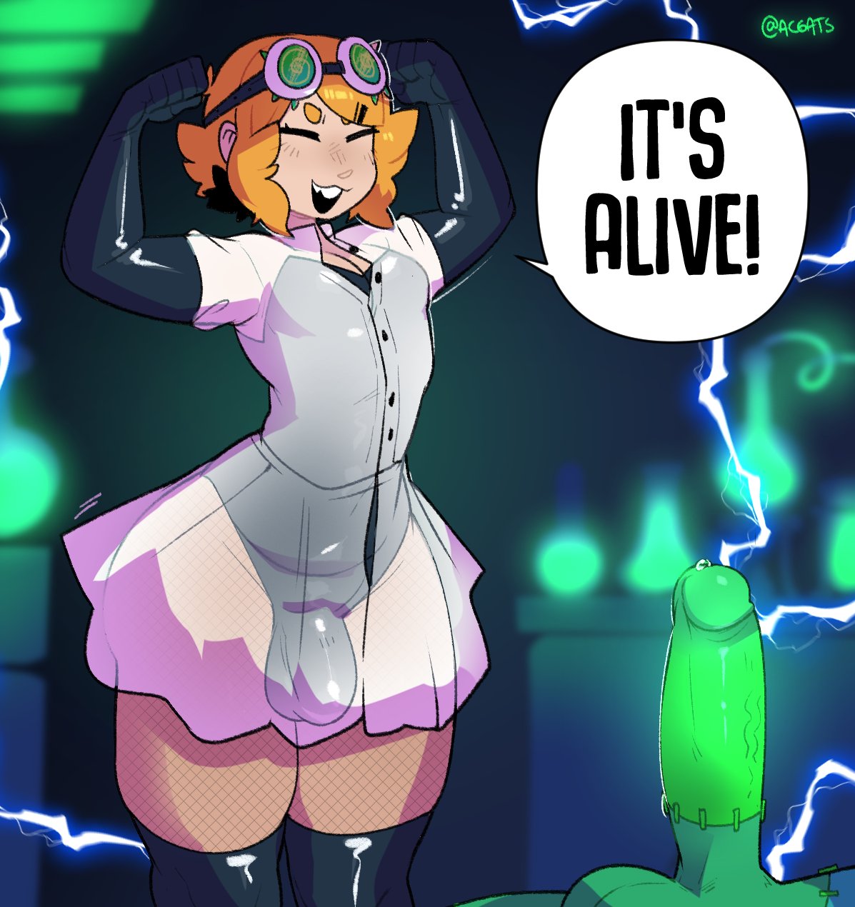 2d, femboy, fishnets, gats, goggles, halloween, halloween costume, hung, hung trap, latex, pineapple (gats), scientist, tagme, trap