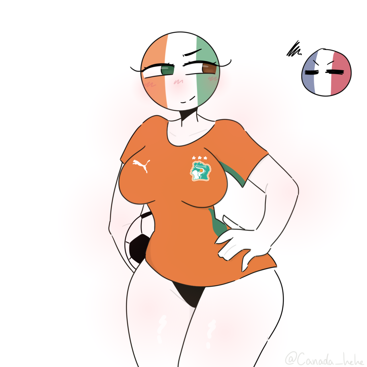 1girls, black panties, blush, countryhumans, countryhumans girl, different eye color, football, football uniform, france (countryhumans), green eyes, ivory coast (countryhumans), medium breasts, orange clothing, orange eyes, thick thighs, white body, white skin, xx.canada.xx
