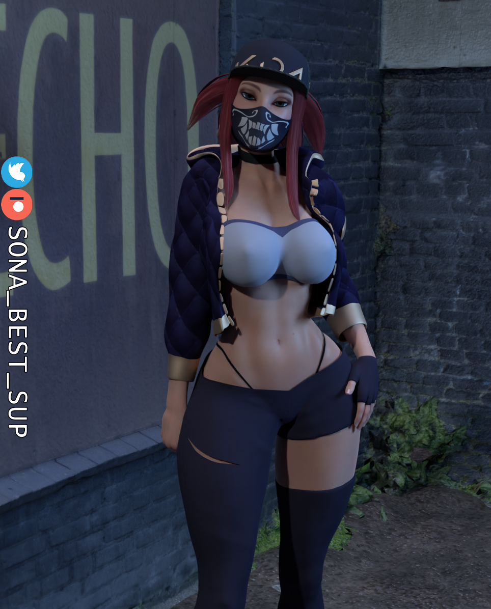 1girls 3d akali female_focus female_only female_solo k/da_akali k/da_series league_of_legends red_hair riot_games solo_female sona_best_sup strapless strapless_top strapless_topwear tubetop