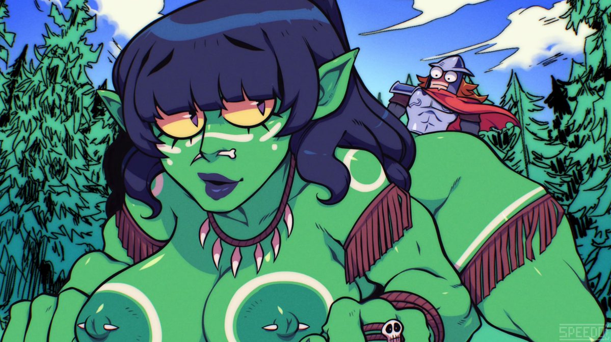 1boy, 1girls, areolae, bangs, blue hair, breasts, day, doggy style, female, forest, from behind, giantess, green body, green skin, human, human male, imminent sex, interspecies, large breasts, larger female, light skin, light-skinned male, lipstick, long hair, male, male/female, monster girl, nipple bulge, nipple piercing, nipples, nose piercing, orc, orc female, outdoors, piercing, sex, size difference, smaller male, snu-snu, speedosausage, straight, yellow sclera
