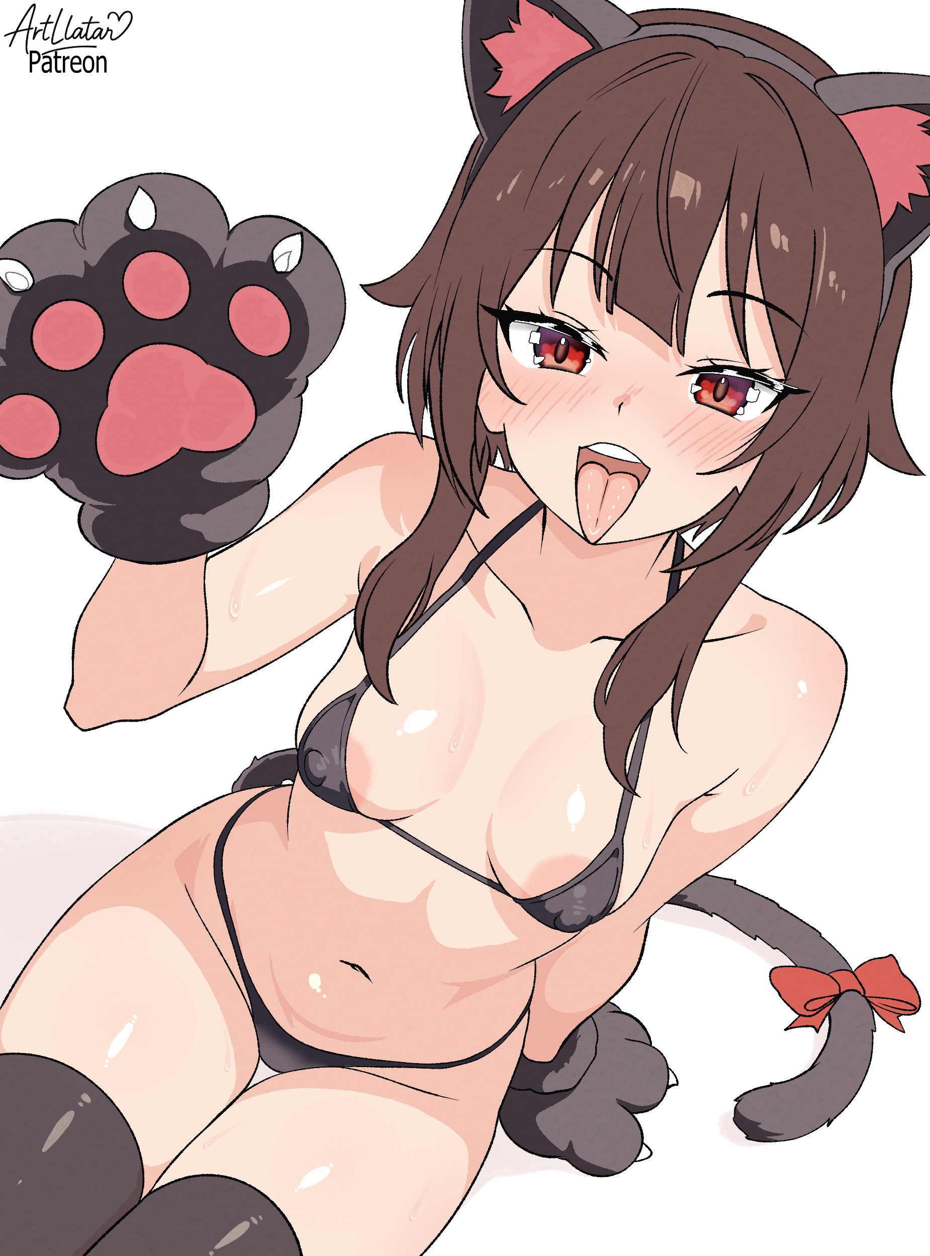 1girls, artllatar, brown hair, cat girl, female, kono subarashii sekai ni shukufuku wo!, light skin, light-skinned female, megumin, red eyes, small breasts, solo, tongue out, white background