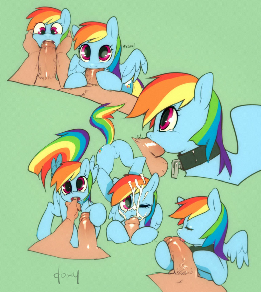 blowjob, blue body, cum on face, doxy, feral, green background, horse, human cock, my little pony, my little pony friendship is magic, pony, rainbow dash (mlp)