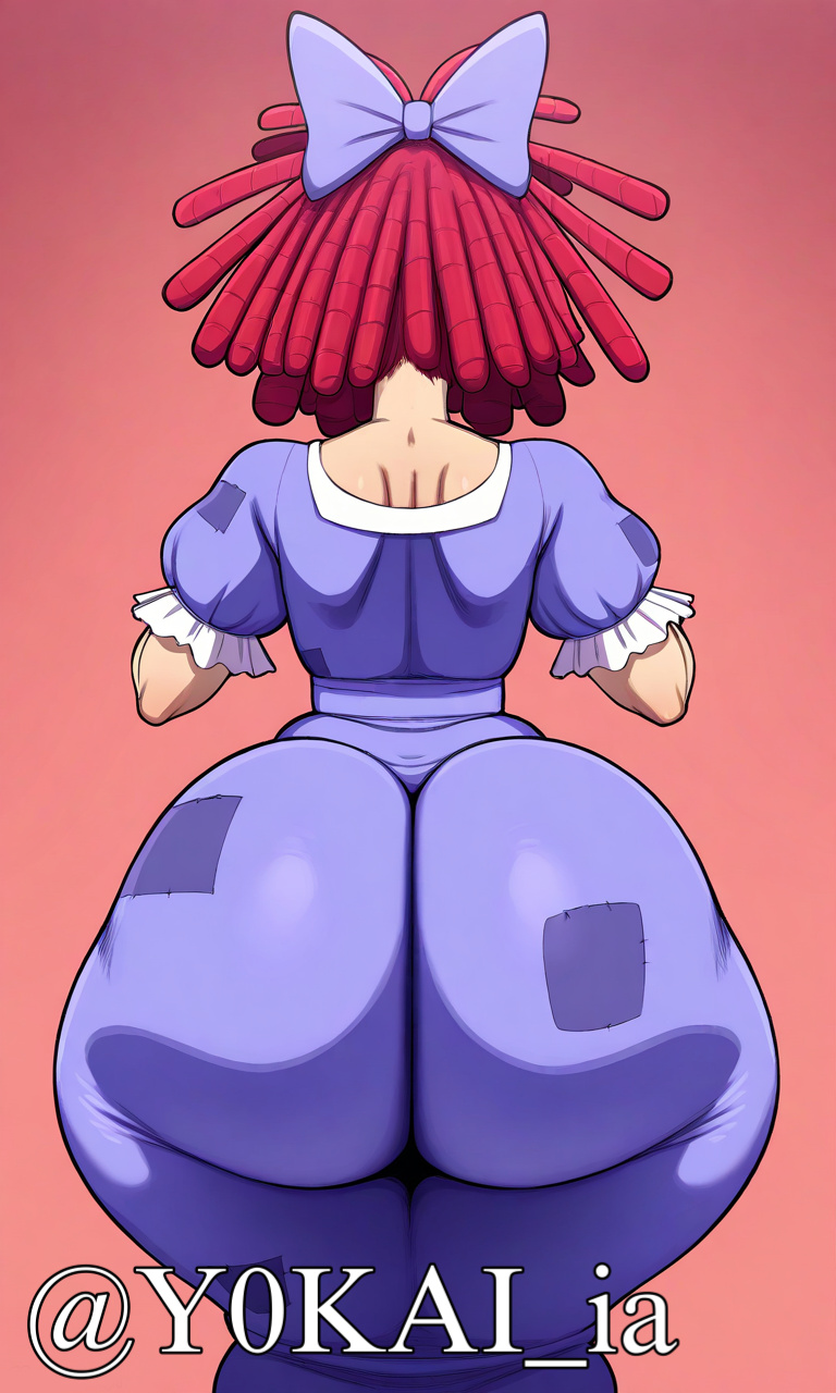 1girl, 1girls, ai, ai art, ai generated, back, back view, big ass, big thighs, doll, enormous ass, fat ass, fat hips, fat thighs, gigantic ass, glitch productions, hair bun, purple dress, ragatha (the amazing digital circus), red hair, simple background, solo, solo female, tadc, the amazing digital circus, thick thighs, wide hips, yokai arts, youtube