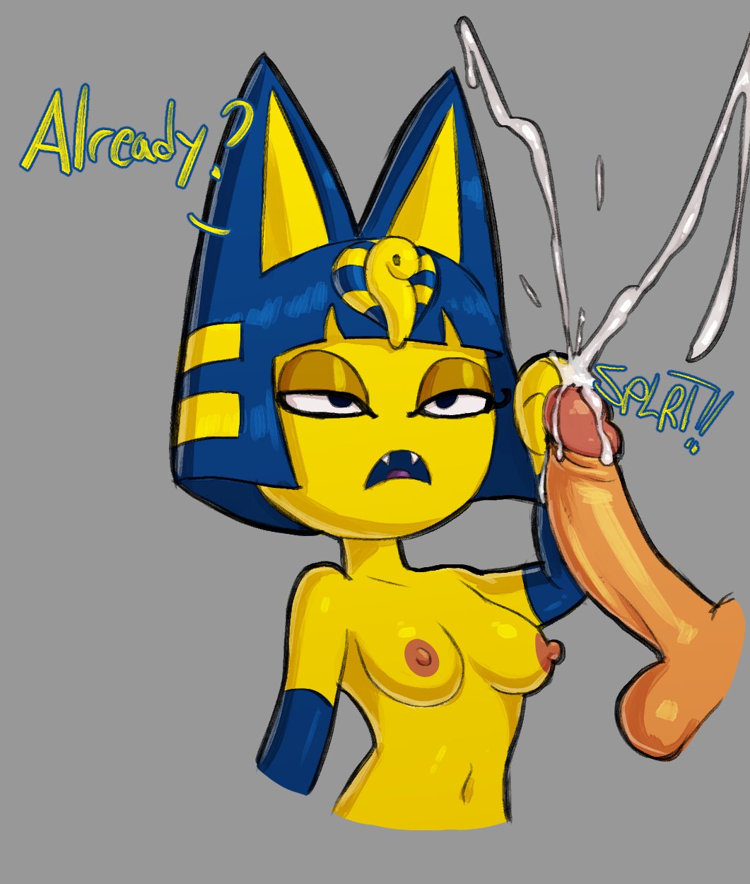 1boy, 1girls, animal crossing, ankha, anthro, areolae, balls, blue hair, bored, bored sex, breasts, cat ears, cat tail, cumming from handjob, disembodied penis, disinterested, disinterested sex, emotionless, emotionless sex, english text, female, femdom, grey background, guillion (toshkarts), half-closed eyes, handjob, humiliation, male, nintendo, nipples, penis, premature ejaculation, premature ejaculation shaming, short hair, shortstack, smaller female, testicles, text, thick thighs, unamused, unamused sex, unenthusiastic, unenthusiastic handjob, unenthusiastic sex, upper body, villager (animal crossing), yellow body