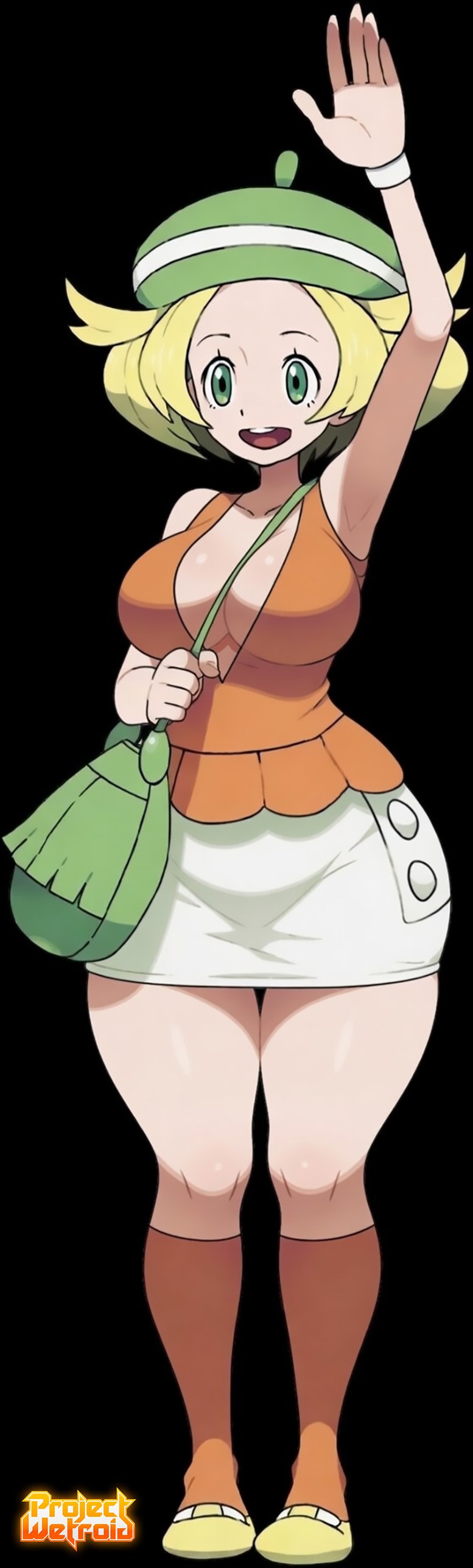 1girls, bianca (pokemon), big cleavage, black background, huge breasts, huge hips, long legs, miniskirt, official style, pokemon, pokemon bw, projectwetroid, skirt, tagme, thick thighs, wide hips