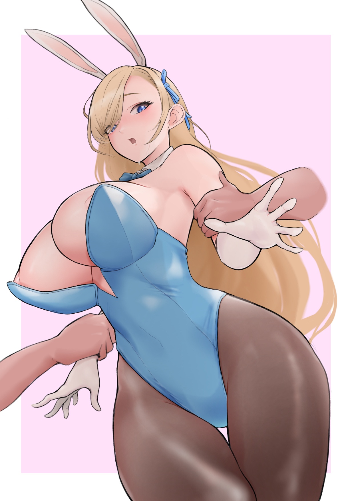 1girls, 2d, 2d (artwork), 2d artwork, areola slip, areolae slip, asian, asian female, asian girl, asuna (blue archive), asuna (bunny) (blue archive), background, belly, belly button, big boobs, big breasts, blonde, blonde female, blonde hair, blonde hair female, blonde-haired female, blue archive, blue bowtie, blue bunnysuit, blue eyes, blue hair ribbon, blue hair tie, blue leotard, blue ribbon, blue topwear, blue-eyed female, bowtie, breasts, brown legwear, brown pantyhose, bunny costume, bunny ears, bunnygirl, bunnygirl outfit, bunnysuit, busty, busty female, busty girl, busty teen, busty teenager, censored, censored breasts, censored nipples, collar, curvaceous, curvaceous body, curvaceous female, curvaceous figure, curvaceous hips, curvaceous teenager, curvy, curvy body, curvy female, curvy figure, curvy hips, curvy teen, digital, digital art, digital drawing, digital drawing (artwork), digital media, digital media (artwork), drawing, elbow gloves, female, female focus, fingers, gloves, grabbing another's arm, grabbing another's arms, grabbing arm, grabbing arms, groin, hair ribbon, hair tie, head tilt, hi res, high res, high resolution, highres, hourglass figure, huge boobs, huge breasts, inframammary fold, inguinal crease, inguinal ligament, japanese, japanese female, japanese girl, large boobs, large breasts, lean figure, legwear, leotard, long gloves, long hair, looking at viewer, looking down, looking down at viewer, midriff, monotone background, narrow waist, navel, nipple bulge, no halo, one color background, open mouth, pantyhose, parted lips, pink background, plain background, plump breasts, portrait, ribbon, shoulders, slender body, slender waist, slim female, slim waist, solid color background, standing, thick thighs, thigh gap, thighs, tilted head, tongue, topwear, underboob, upper body, very long hair, very long hair female, voluptuous, voluptuous body, voluptuous female, voluptuous figure, voluptuous teenager, voluptuous woman, white border, white bunny ears, white collar, white elbow gloves, white gloves, white hairband, white long gloves, wide hips