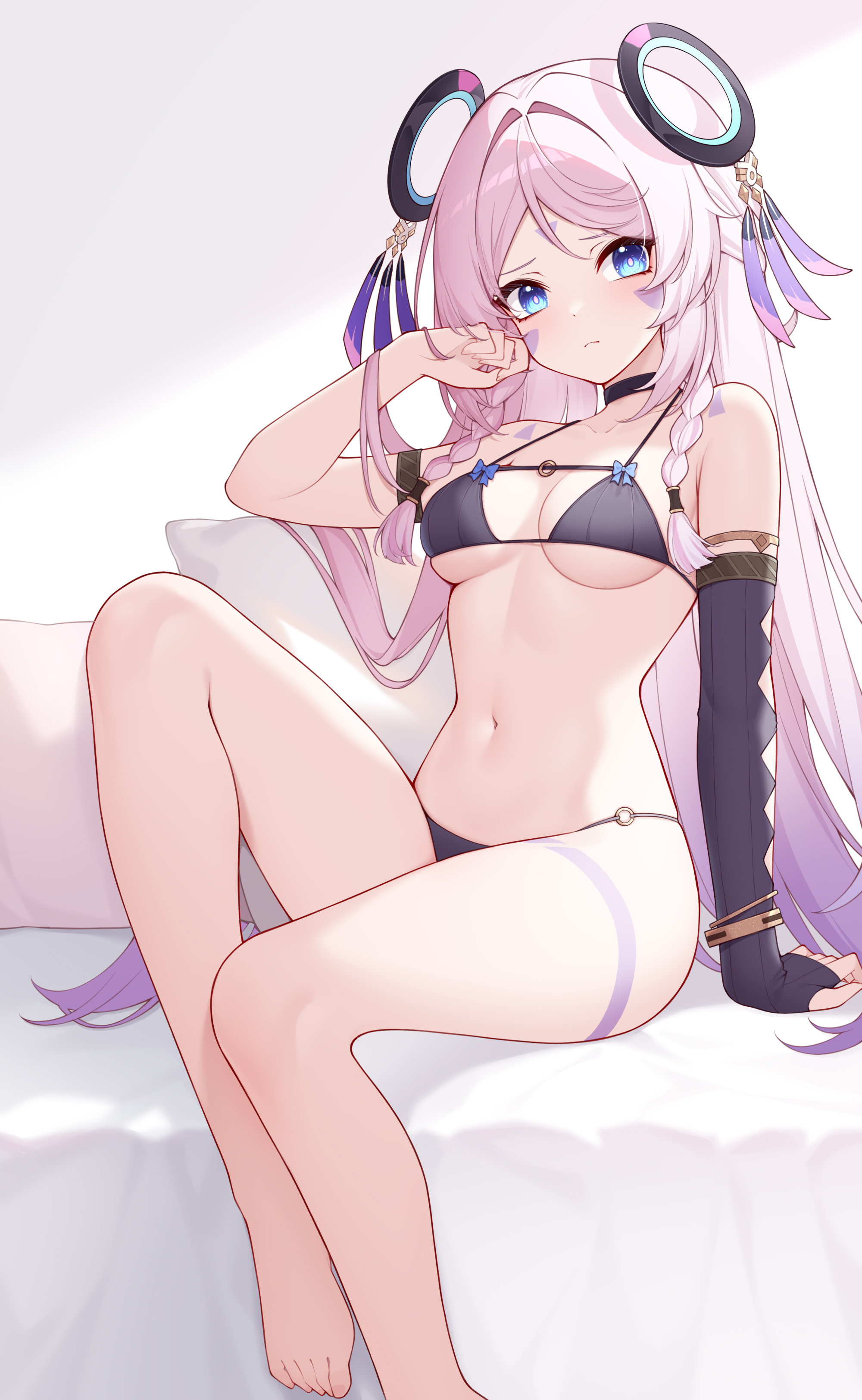 1girls, armwear, bare shoulders, barefoot, belly button, blue eyes, bra, breasts, citlali (genshin impact), couch, feet, female, female focus, female only, frown, genshin impact, legs, long hair, looking at viewer, medium breasts, panties, pink hair, sitting, sitting on couch, stomach, tattoo, tattoos, thighs, underwear