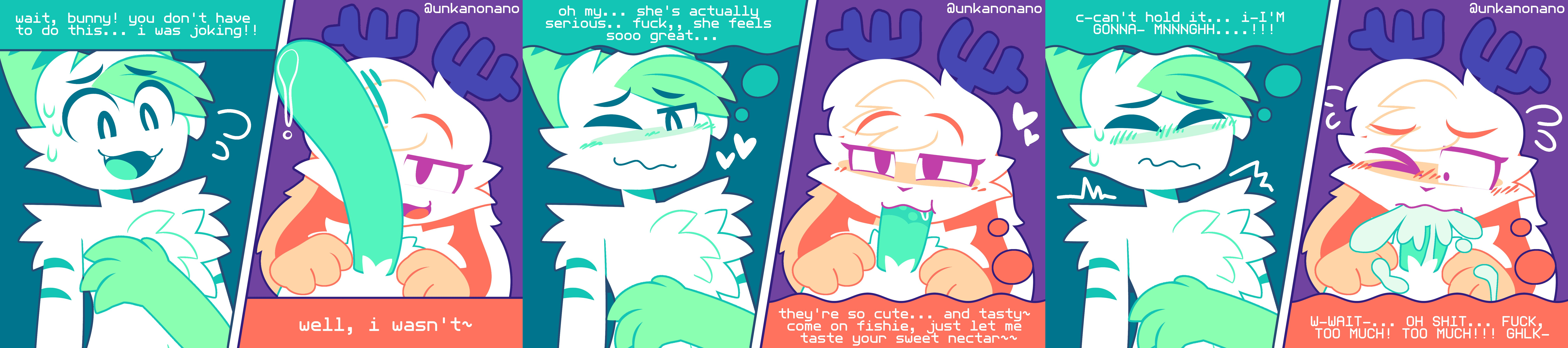1male, 2d, 2d (artwork), 2d artwork, 3koma, antler, big cock, big dick, big penis, blowjob, blush, blushing, blushing female, blushing male, bunny ears, bunny girl, cock, comic, comically smooth penis, confident, confident female, cum, cum in mouth, cumming, cumming from blowjob, cumming in mouth, dialogue, dialogue box, dialogue bubble, dick, ear, fish, flustered, flustered male, freaky, furry, green, green fur, green hair, hair tuft, heart, heart symbol, penis, precum, precum drip, precum dripping, shark, shark boy, shark ears, shark tail, silly, smug, smug face, speech bubble, speech bubbles, straight, straight sex, sucking, sucking penis, tagme, thinking, though, thought bubble, thoughts, tiger shark, twink, unkanoano, unkanonano, white body, white fur, white hair, white hair tuft, wide image