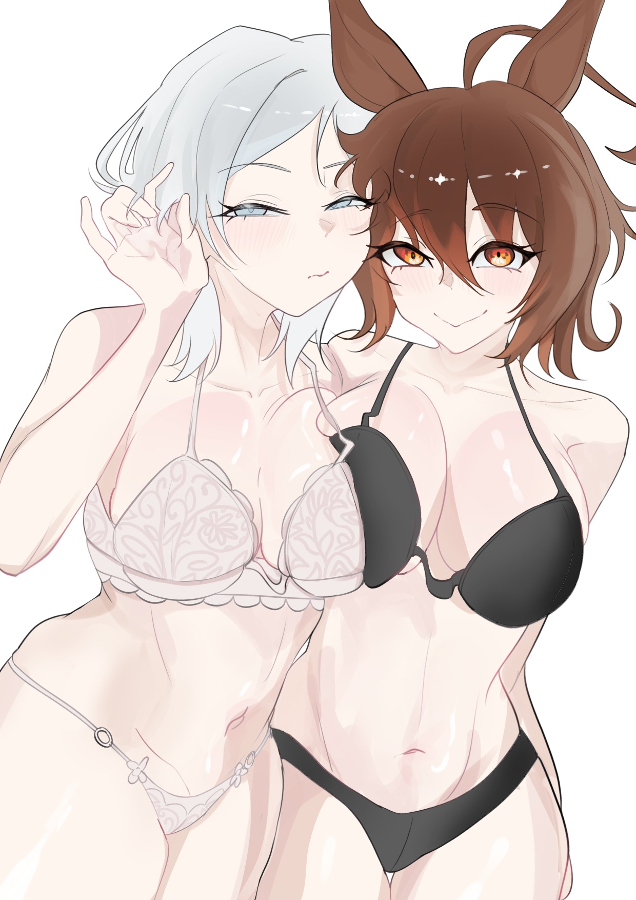 2girls, agnes tachyon (umamusume), black underwear, blue eyes, brown hair, closed mouth, cowboy shot, faust (limbus company), hand up, light skin, light-skinned female, limbus company, lingerie, looking at viewer, project moon, simple background, umamusume, umamusume pretty derby, underwear, white background, white hair, white underwear, ww okonomiyaki, yellow eyes