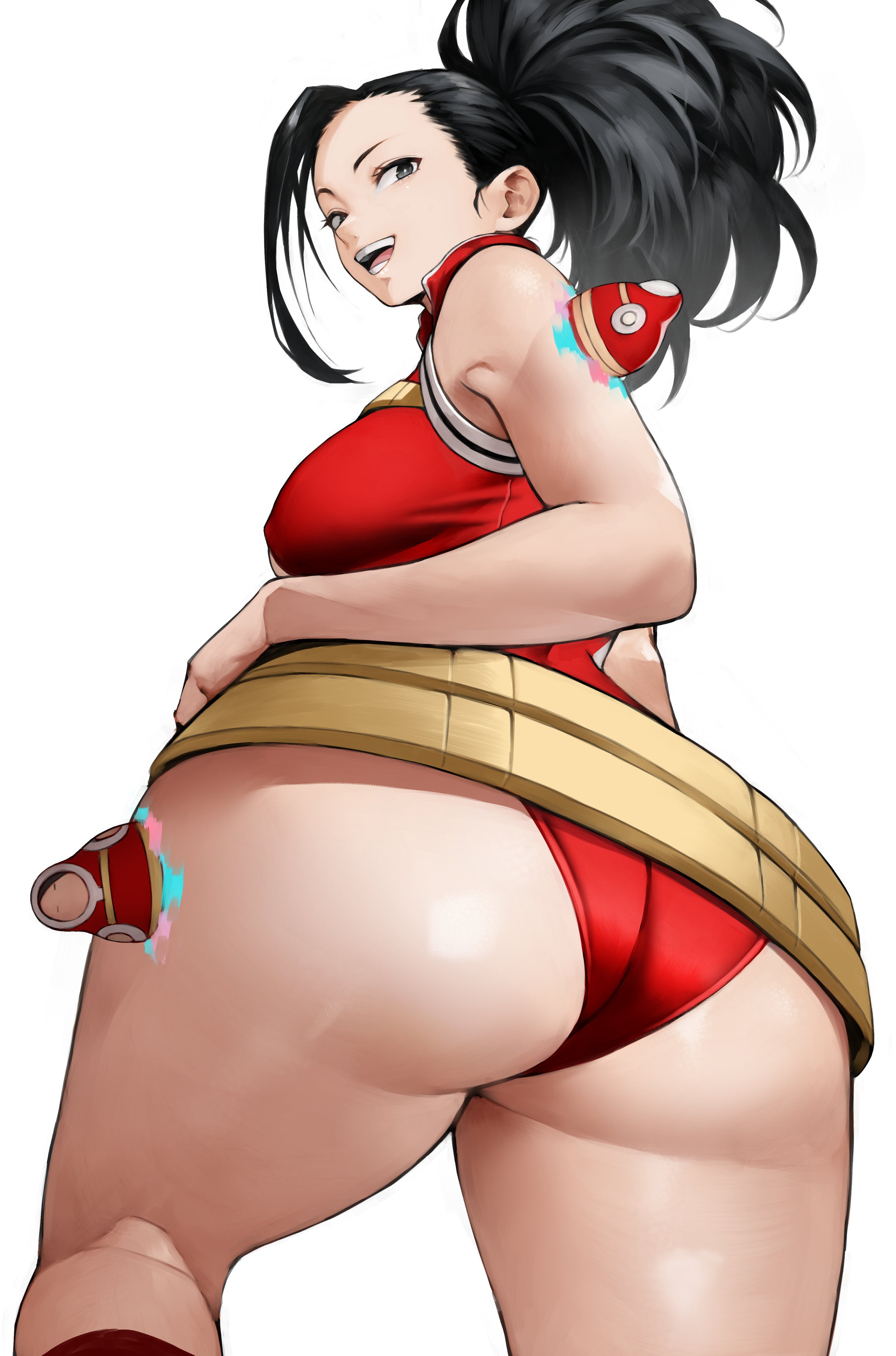 1girls, ass, big ass, big breasts, black hair, black-haired female, breasts, eye contact, female, female focus, female only, hero outfit (mha), human, human female, leotard, light-skinned female, long hair, looking at viewer, looking back, momo yaoyorozu, momo yaoyorozu (hero outfit), my hero academia, ponytail, solo, superheroine, thick thighs, thighs, white background, yoshi55level