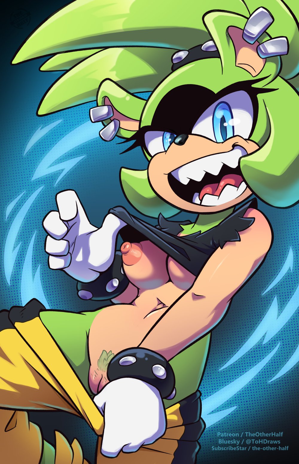 areolae, boobs, breasts, ear piercing, female, mobian, mobian (species), mobian tenrec, nipples, pubes, pubic hair, pussy, sharp teeth, sonic (series), sonic the hedgehog (series), surge the tenrec, tenrec, tenrec girl, tenrec humanoid, the other half, tits, vagina