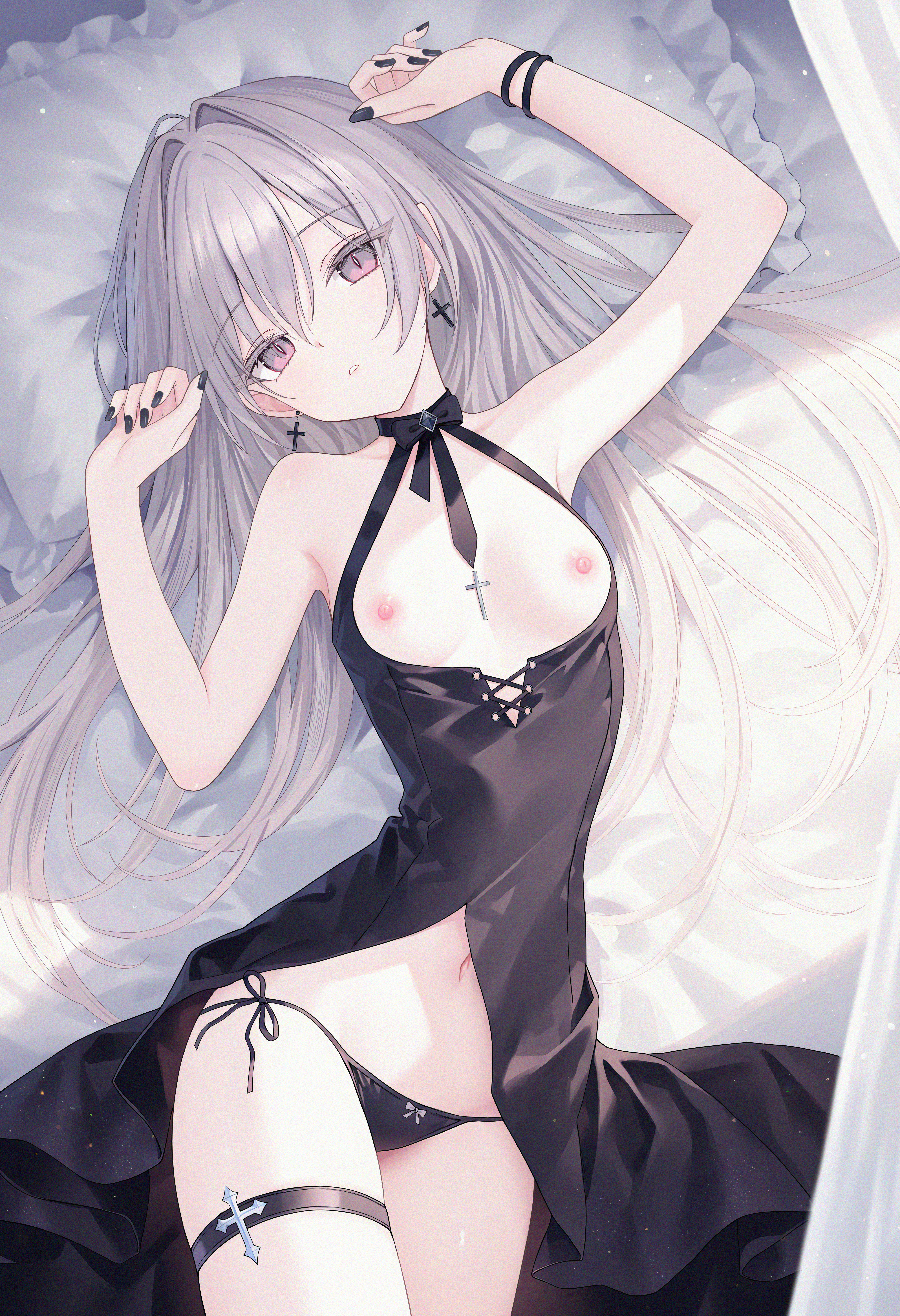 1girls, bare shoulders, bed, belly button, breasts, breasts out, cc lin, cross, dress, earrings, female, female focus, female only, grey hair, long hair, looking at viewer, loose clothes, lying, lying on back, nipples, open mouth, original, original character, panties, pink eyes, small breasts, solo, stomach, thighs, underwear