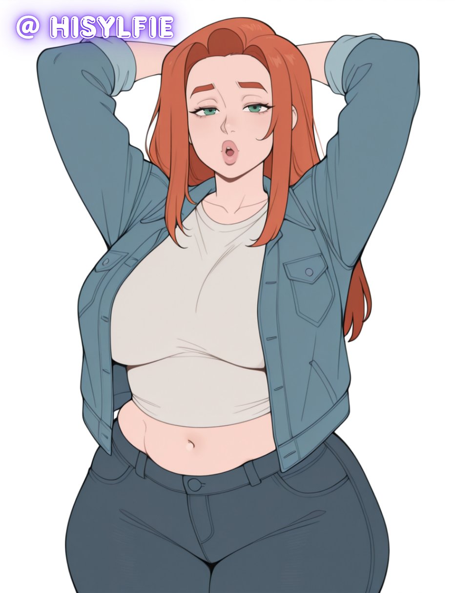 1girls, 2020s, 2026, 2026s, ai generated, arms up, atom eve, belly overhang, big belly, big breasts, casual, chubby, chubby female, curvaceous, curves, curvy, curvy body, curvy female, curvy figure, digital drawing (artwork), digital media (artwork), fair skin, fair skinned female, female, female focus, female only, green eyes, hisylfie, invincible, invincible (tv series), jacket, jacket open, jeans, jpeg, midriff, part 2, part of a set, redhead, redhead female, redheaded female, samantha eve wilkins, simple background, smile, solo, solo female, solo focus, thick legs, thunder thighs, thunderthighs, twitter link, voluptuous, voluptuous body, voluptuous female, watermark, white background