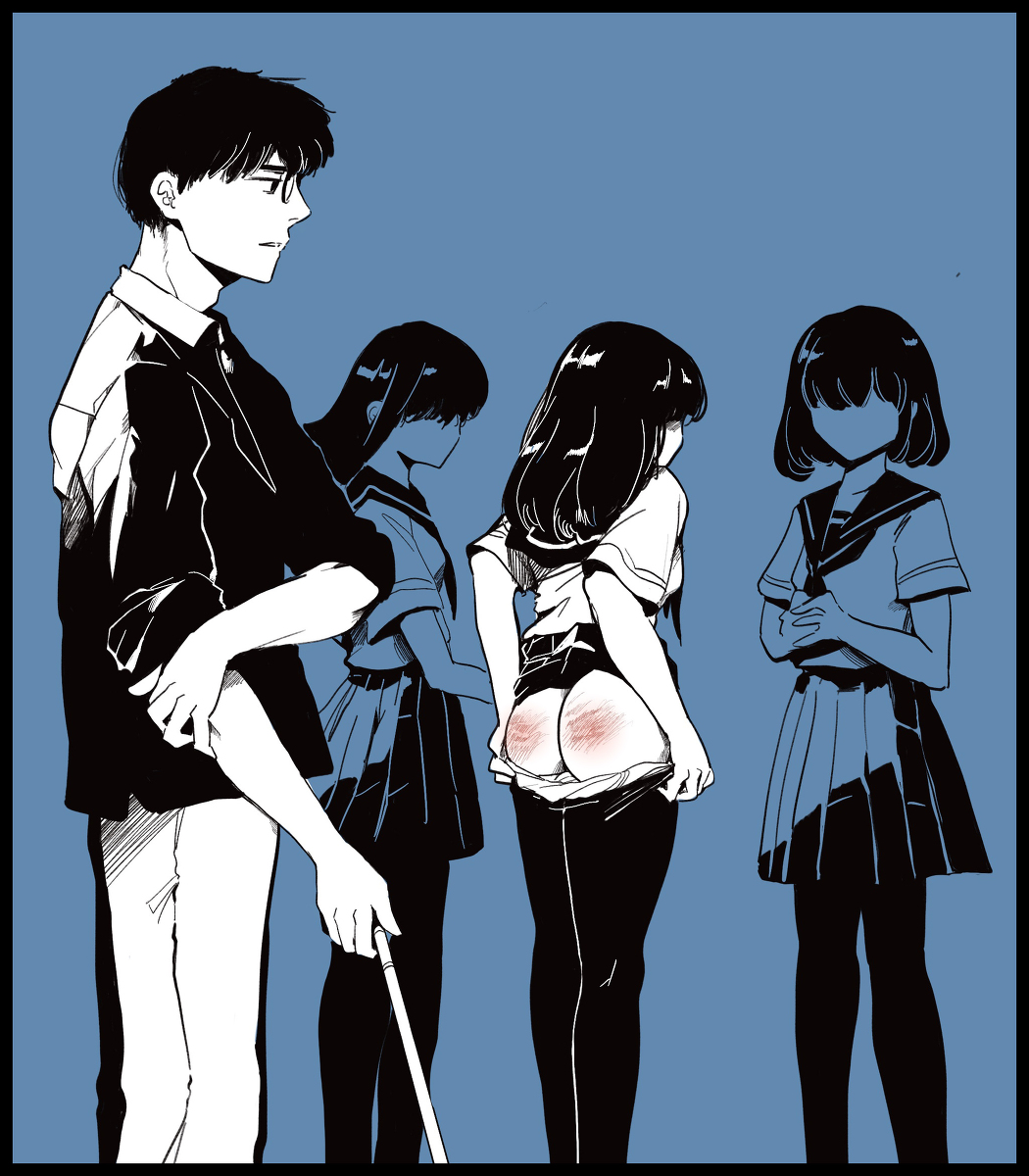 1boy 3girls background_characters blue_background fireball_666 panties_down punishment school_uniform skirt_up spank_marks spanked spanking stick teacher_and_student waiting_for_turn